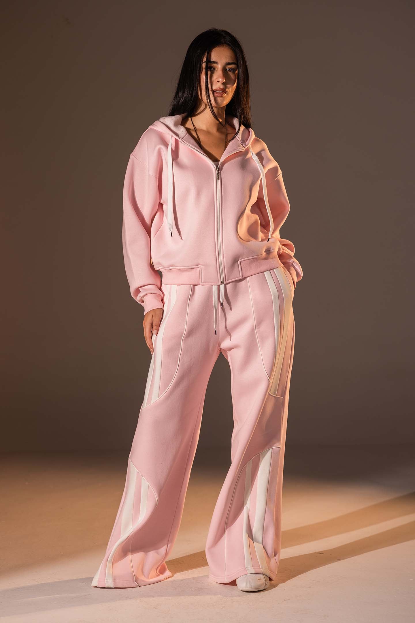 Rose Wide-Leg Set with White Curved Stripes