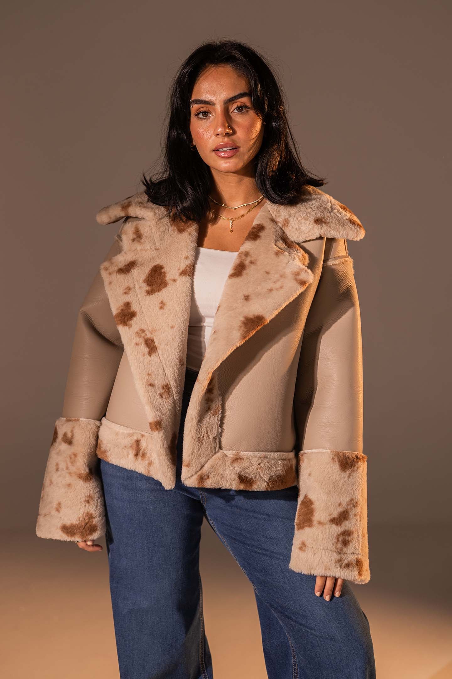Beige Faux Leather Oversized Fur Jacket