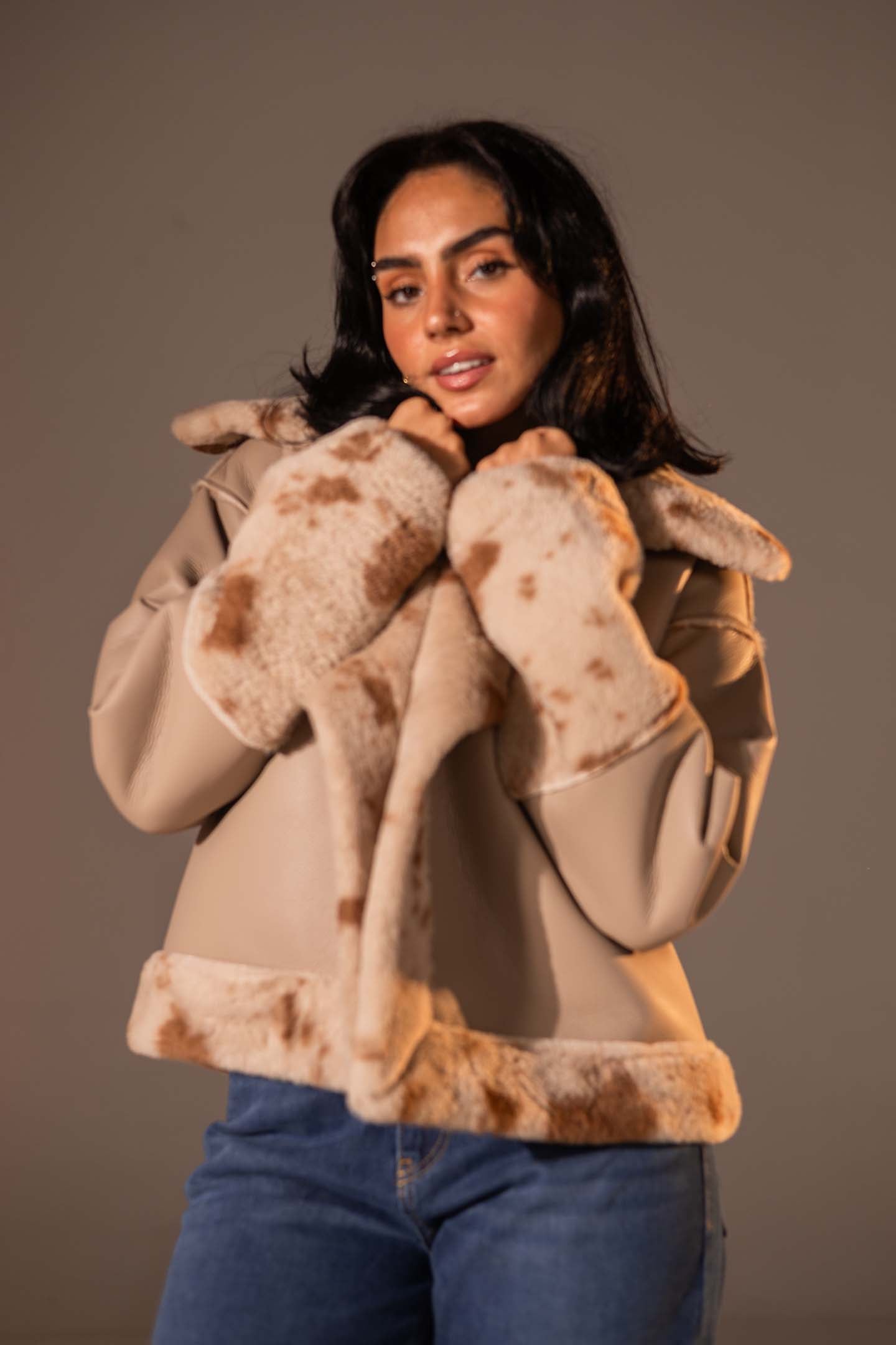 Beige Faux Leather Oversized Fur Jacket