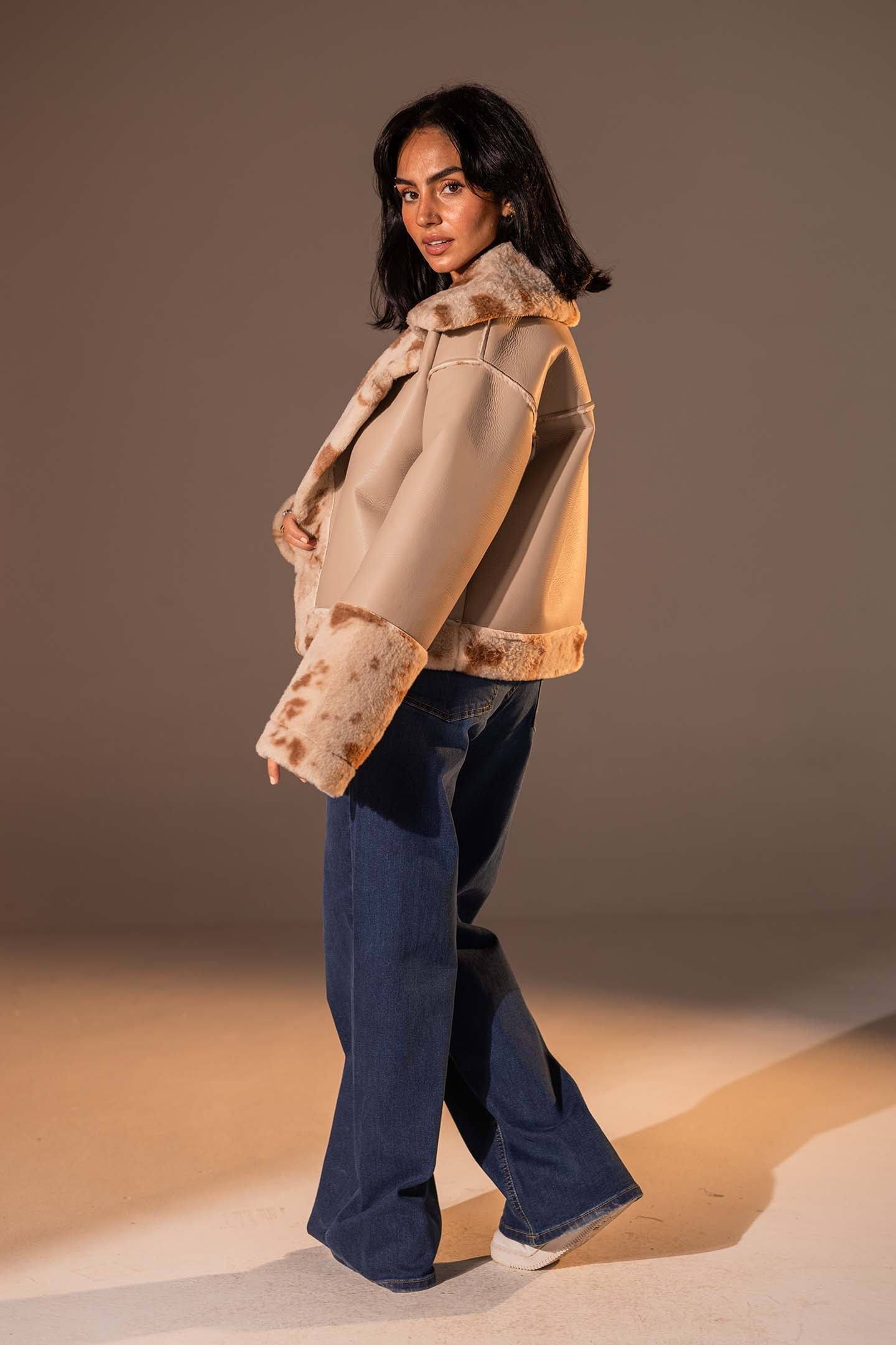 Beige Faux Leather Oversized Fur Jacket