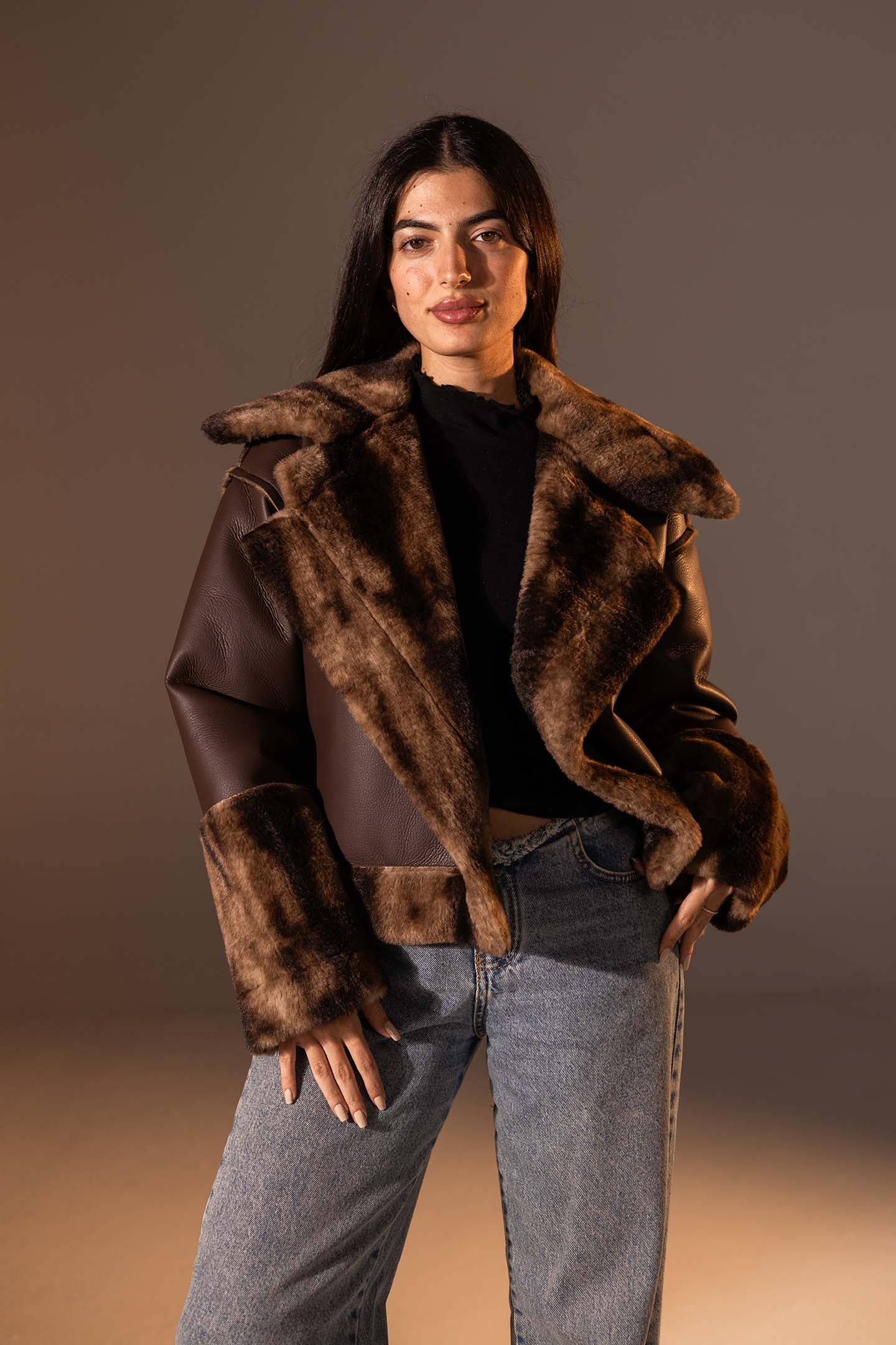 Brown Faux Leather Oversized Fur Jacket