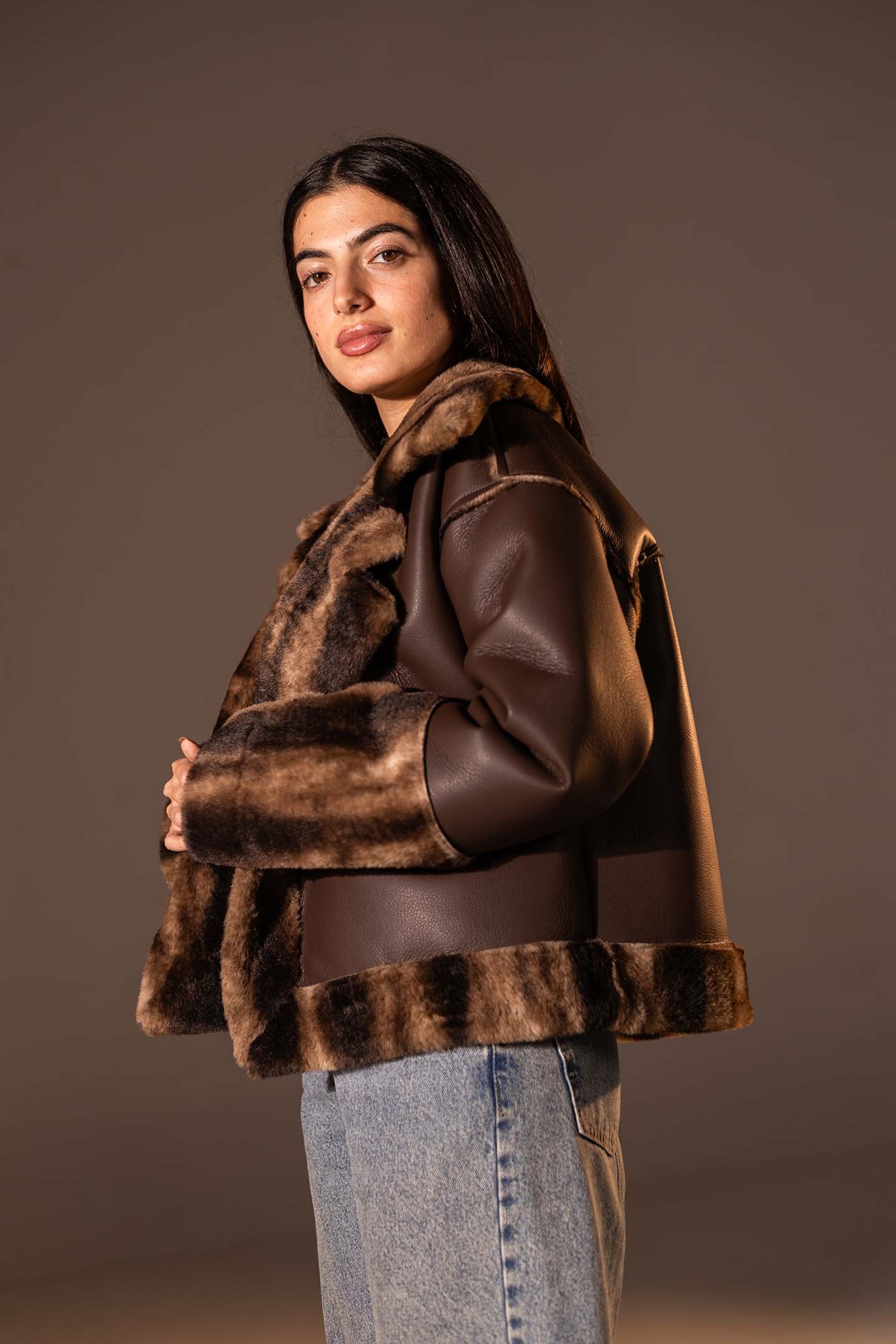 Brown Faux Leather Oversized Fur Jacket
