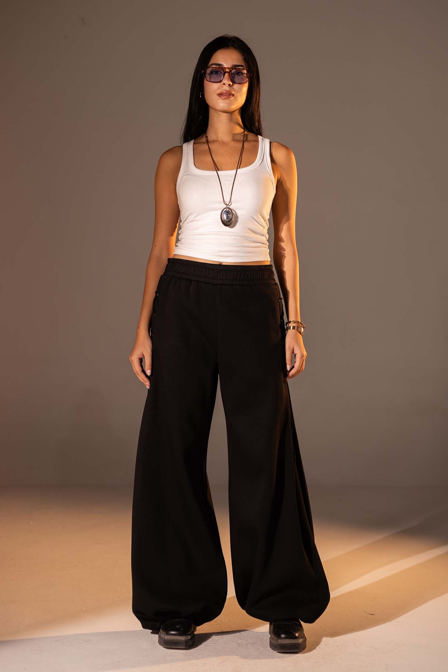 Black Melton Side Lace-Up Pants