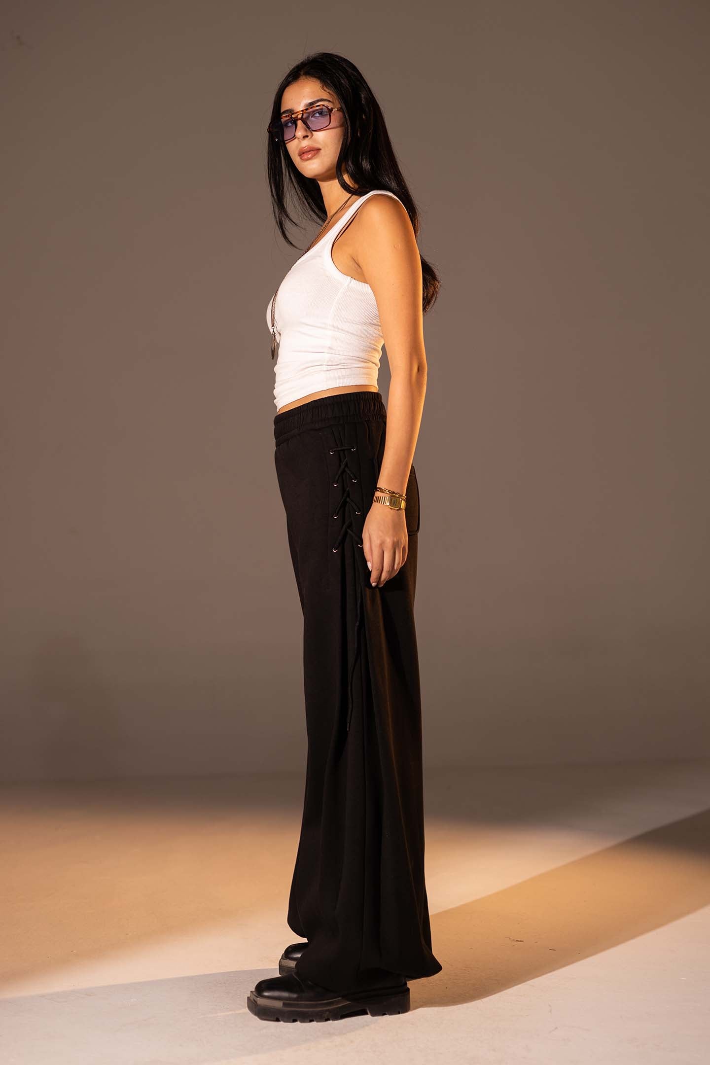 Black Melton Side Lace-Up Pants