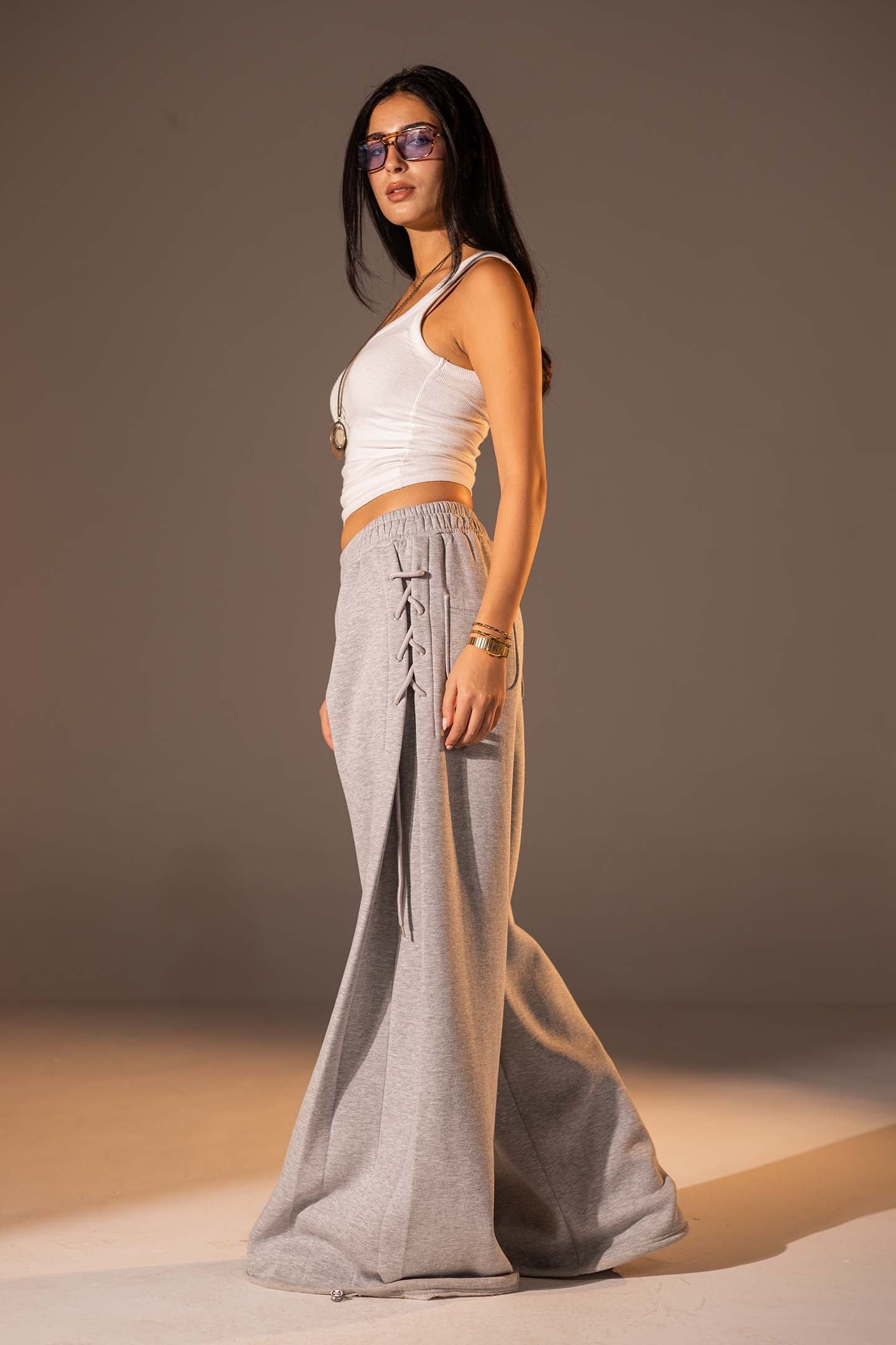 Grey Melton Side Lace-Up Pants