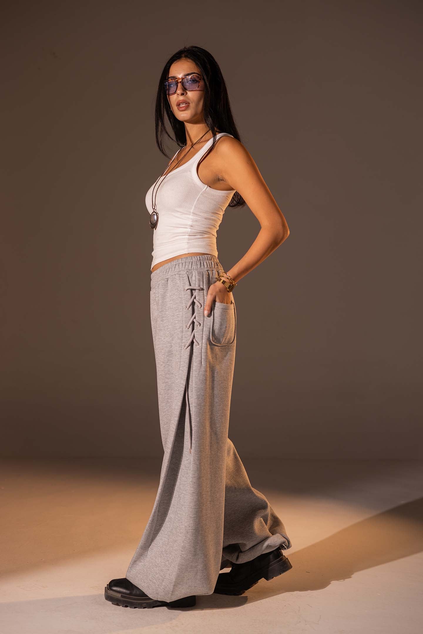 Grey Melton Side Lace-Up Pants