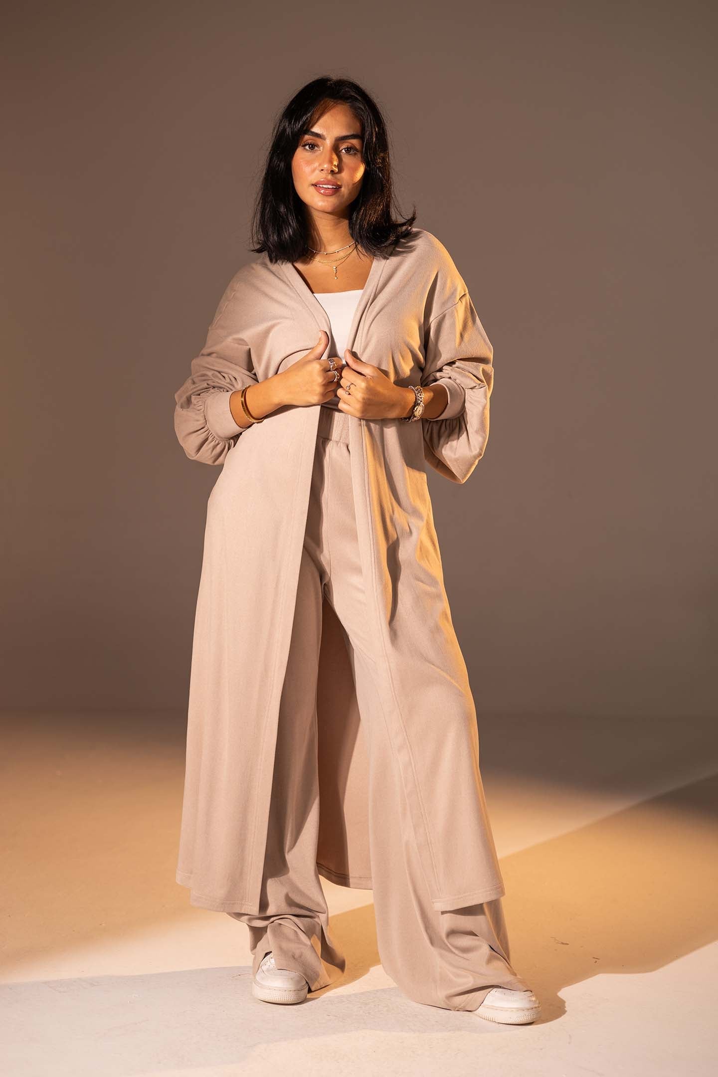 Beige Textured Long Cardigan