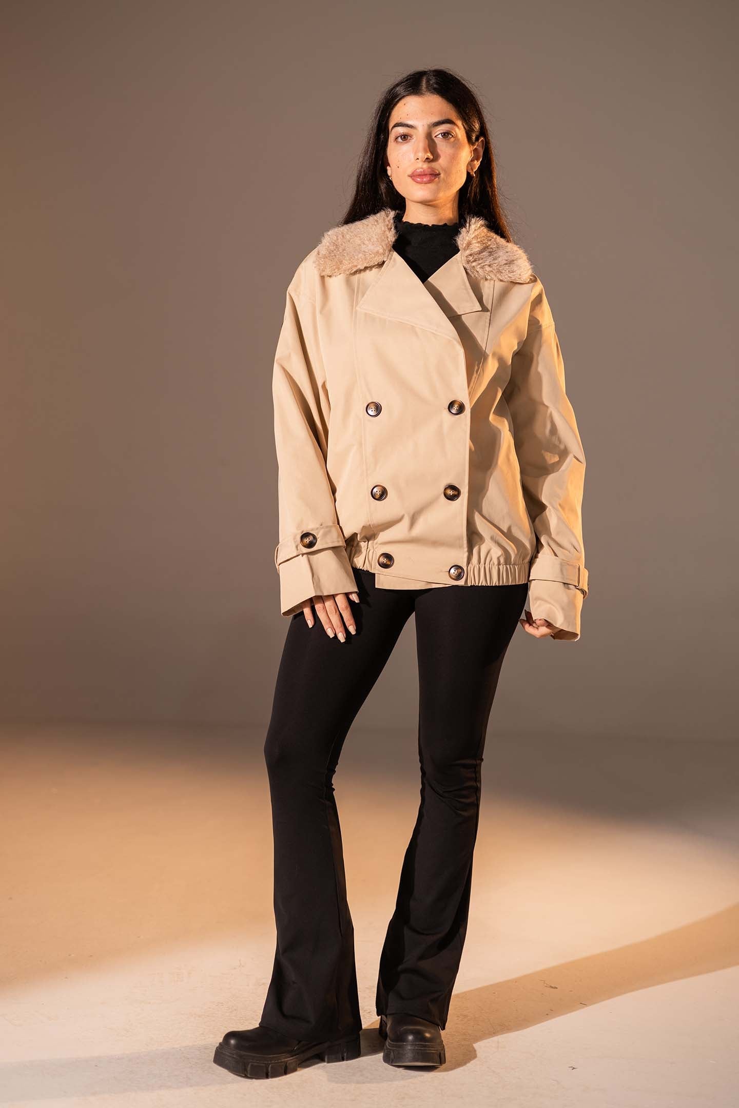 Beige Double-Breasted Jacket with Faux Fur Collar