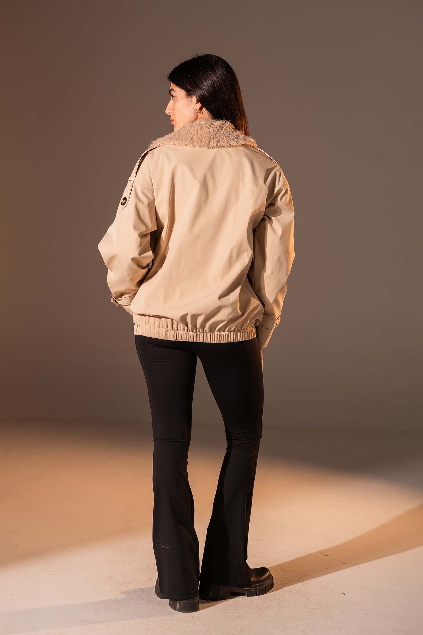 Beige Double-Breasted Jacket with Faux Fur Collar