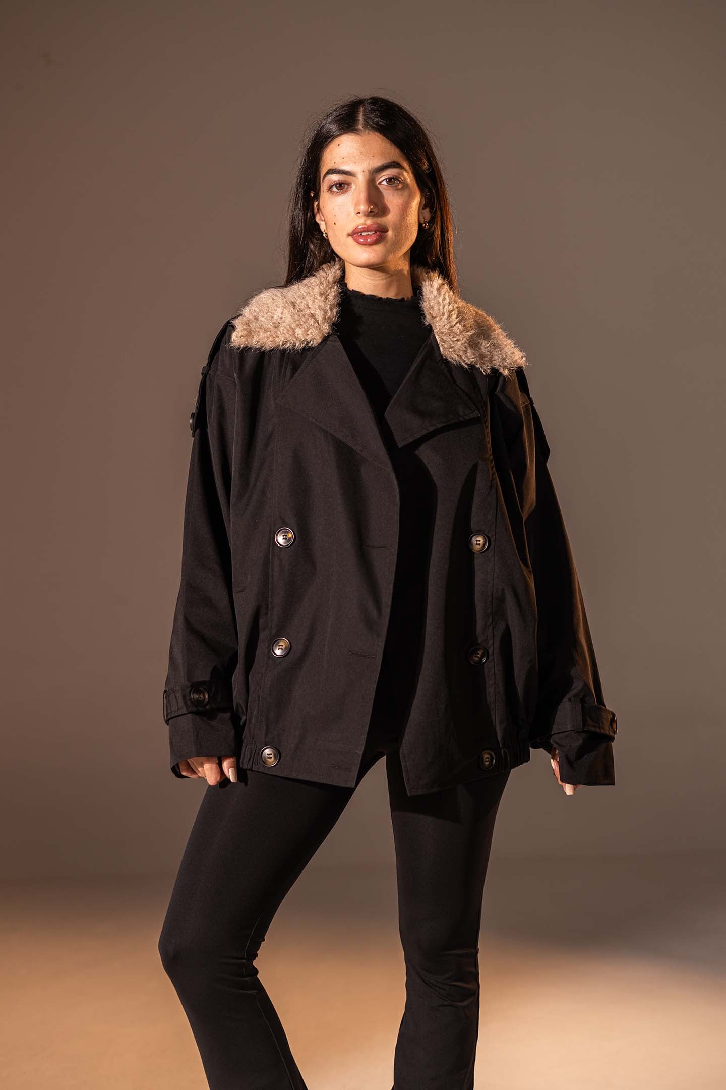 Black  Double-Breasted Jacket with Faux Fur Collar