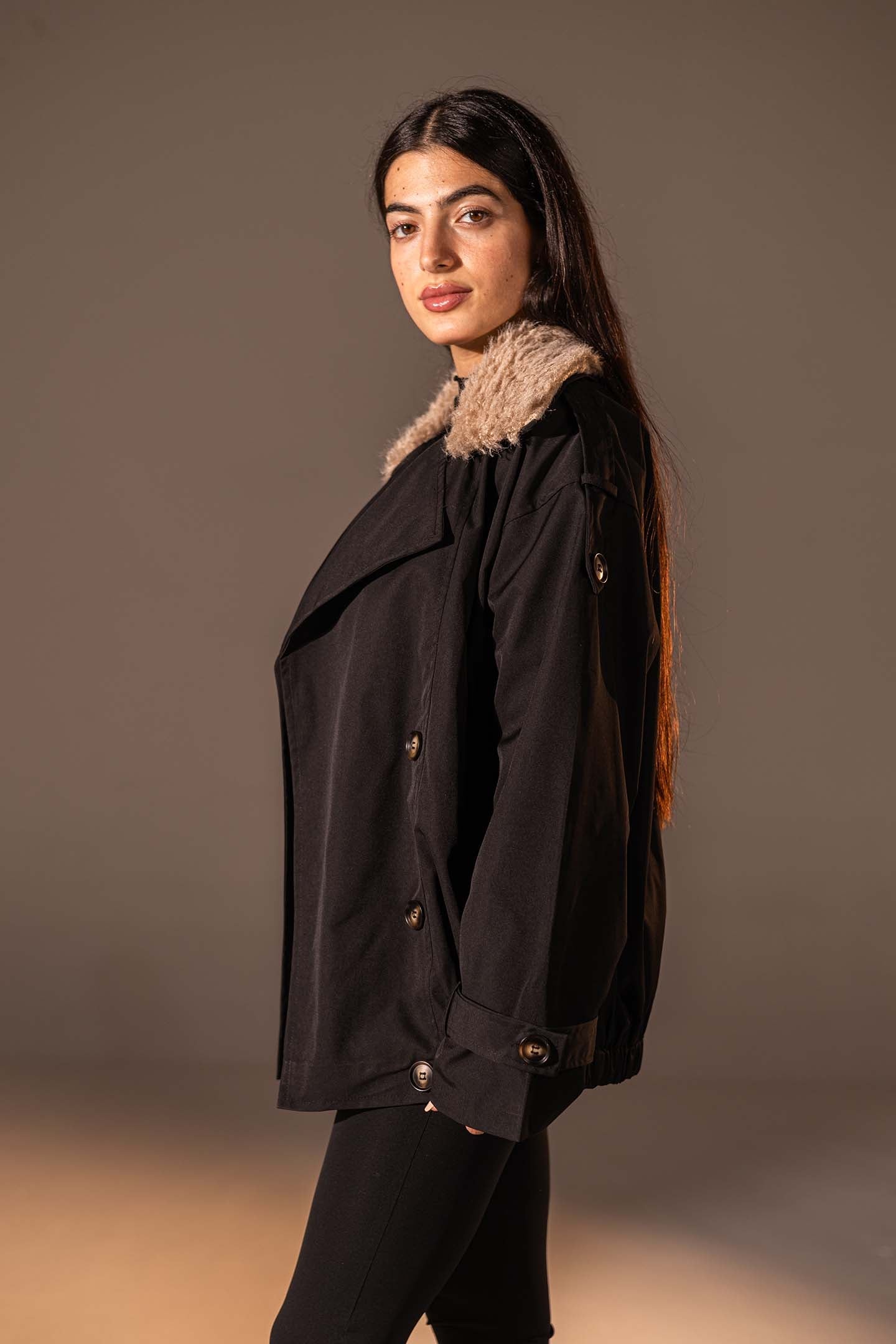 Black Double-Breasted Jacket with Faux Fur Collar