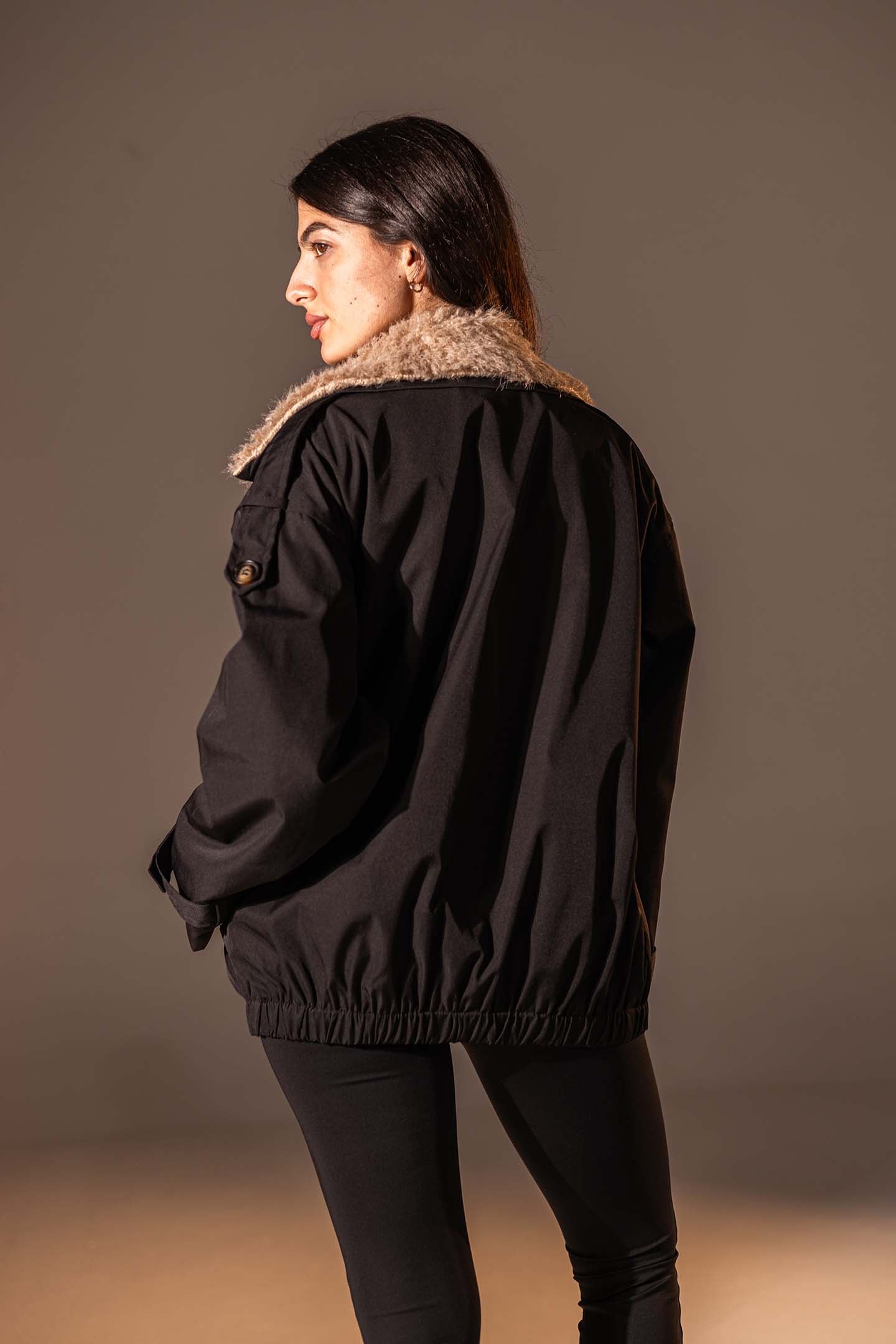 Black Double-Breasted Jacket with Faux Fur Collar