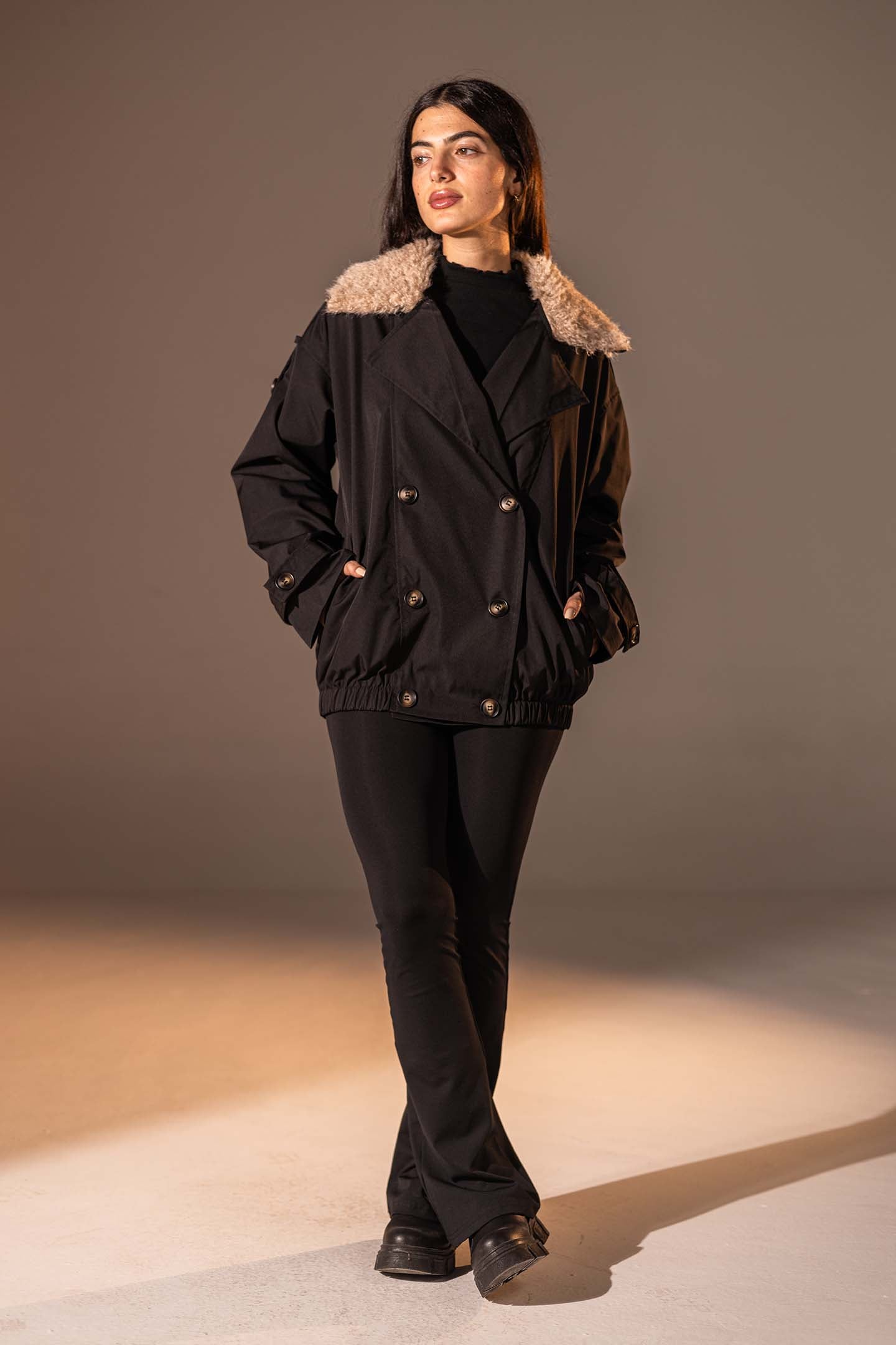 Black Double-Breasted Jacket with Faux Fur Collar