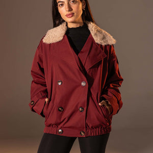 Burgundy Double-Breasted Jacket with Faux Fur Collar