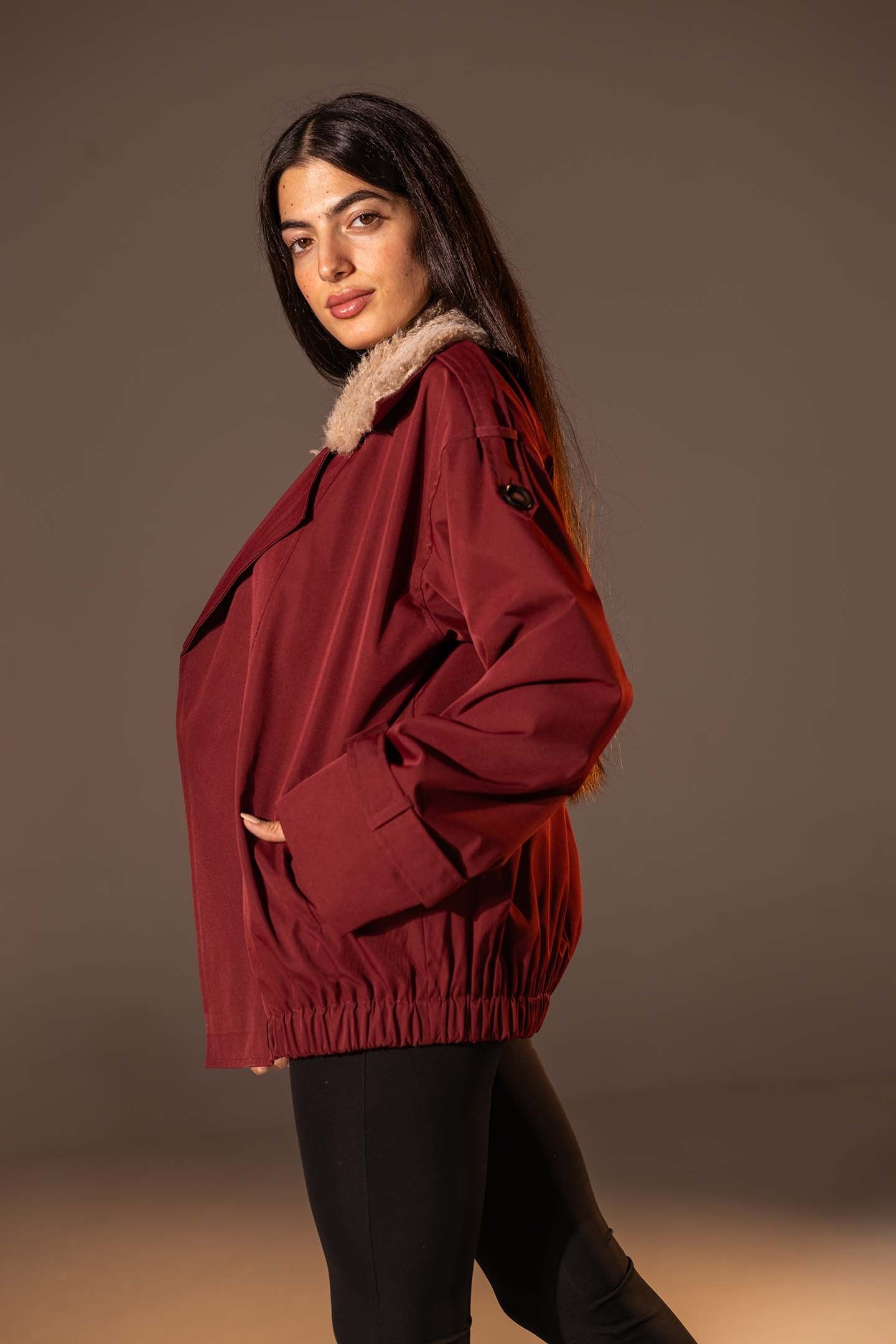 Burgundy Double-Breasted Jacket with Faux Fur Collar