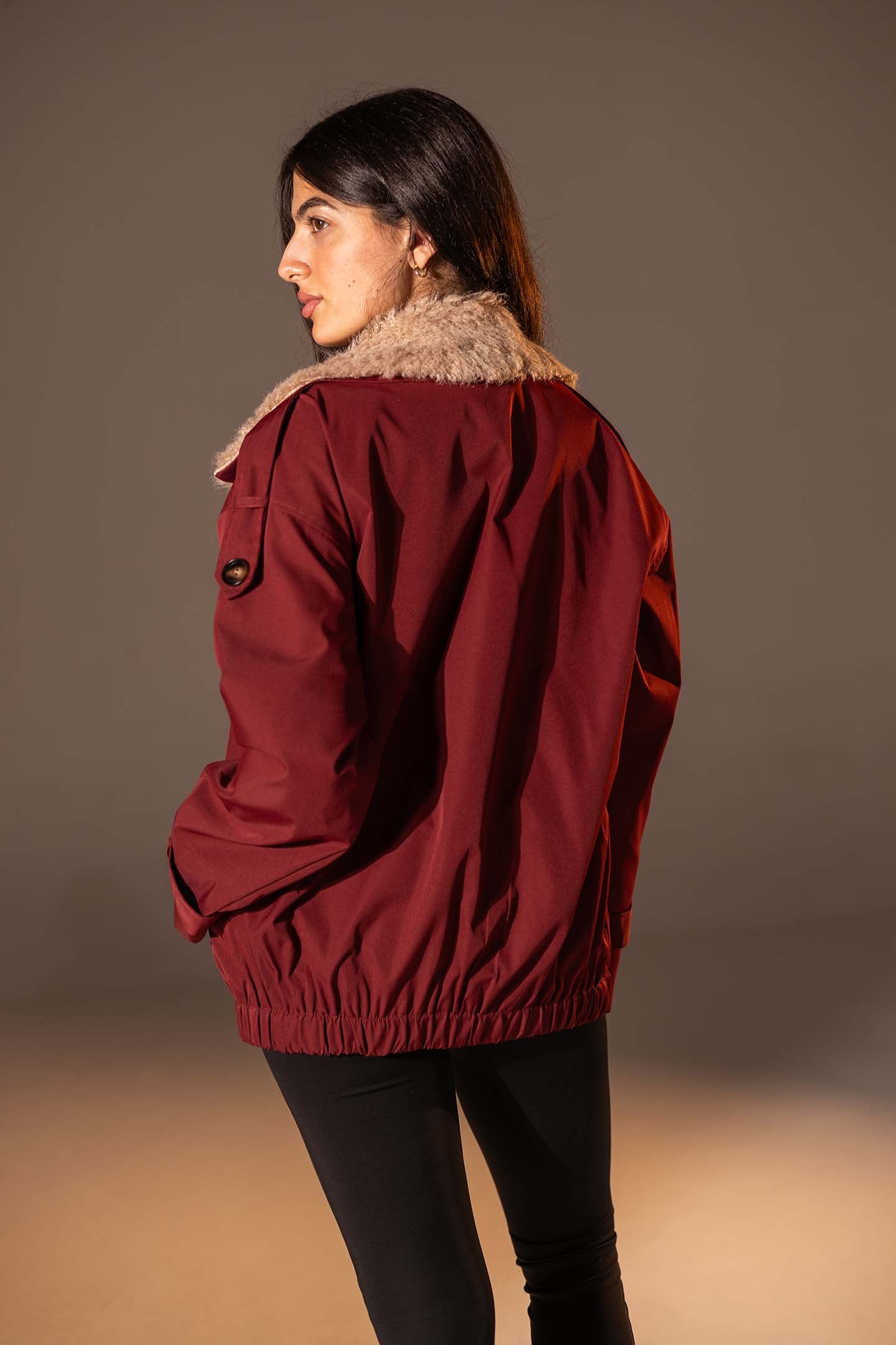 Burgundy Double-Breasted Jacket with Faux Fur Collar