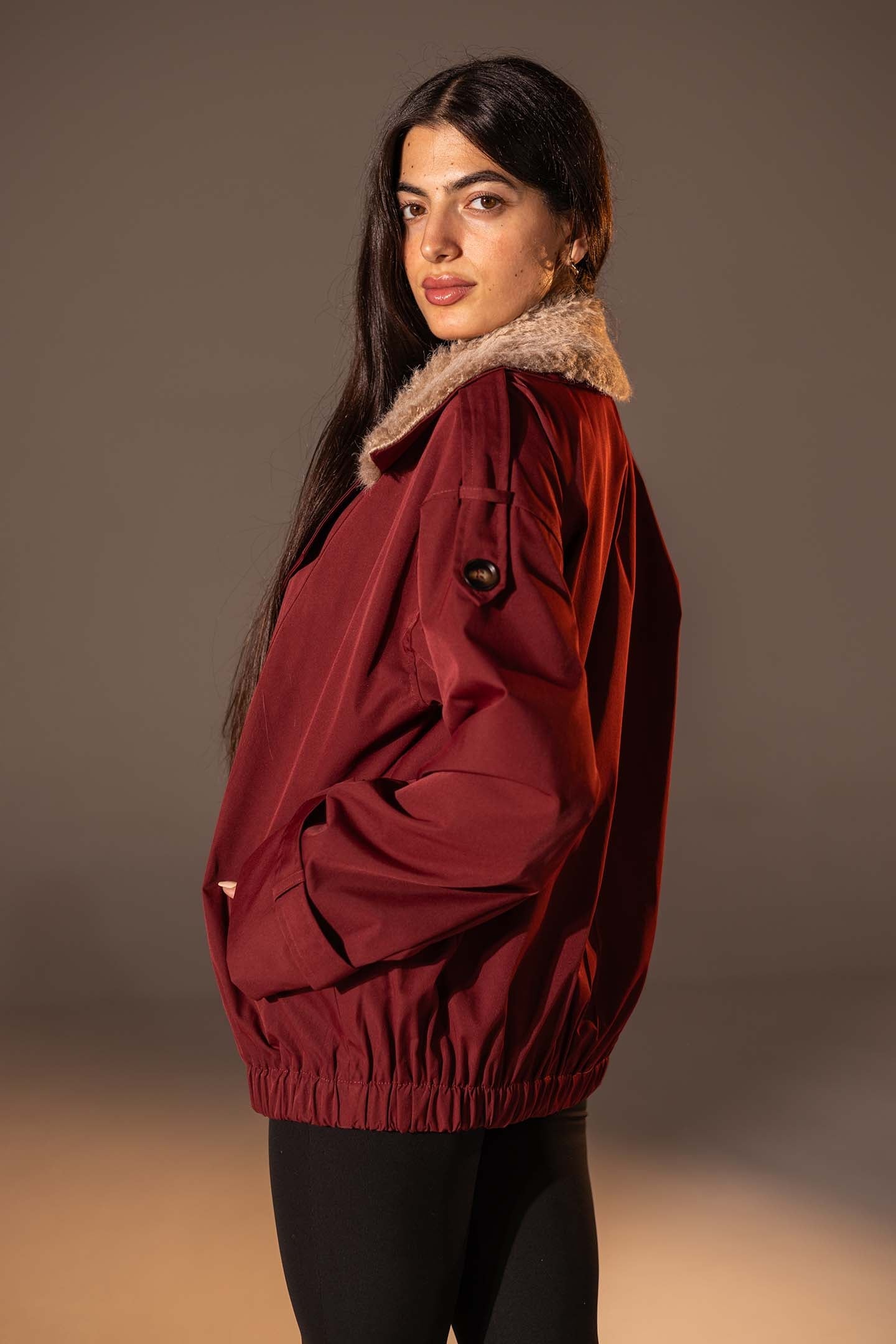 Burgundy Double-Breasted Jacket with Faux Fur Collar