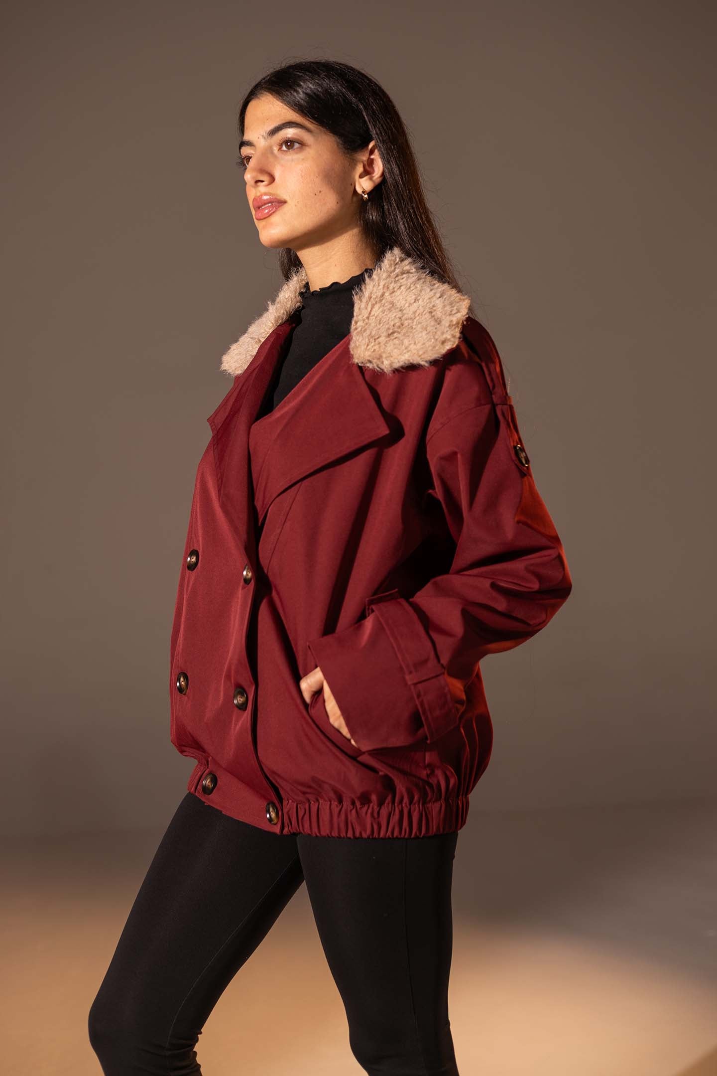 Burgundy Double-Breasted Jacket with Faux Fur Collar