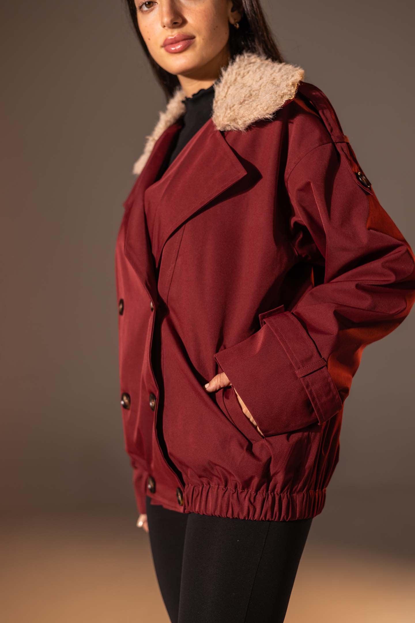 Burgundy Double-Breasted Jacket with Faux Fur Collar