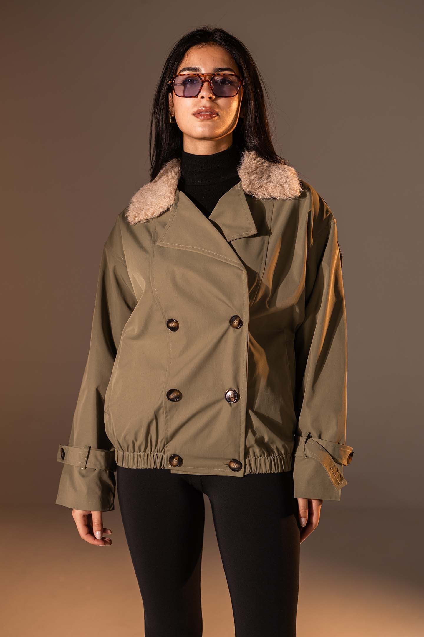 Olive Double-Breasted Jacket with Faux Fur Collar