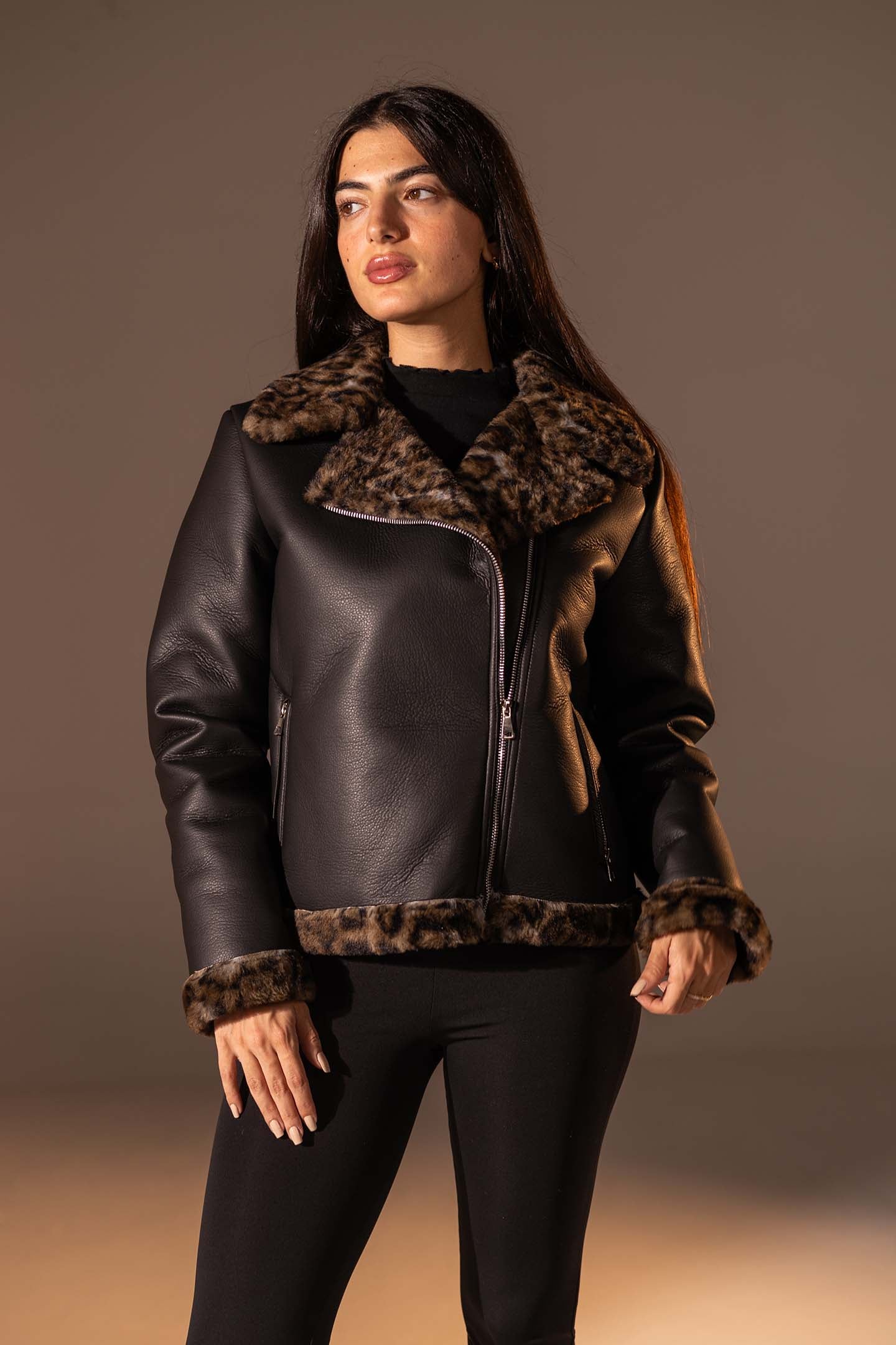 Black  Shearling-Lined Leather Jacket