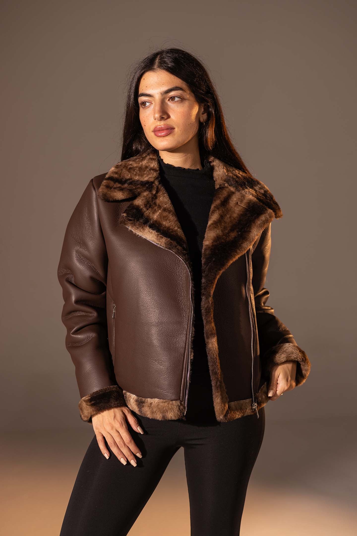 Brown  Shearling-Lined Leather Jacket
