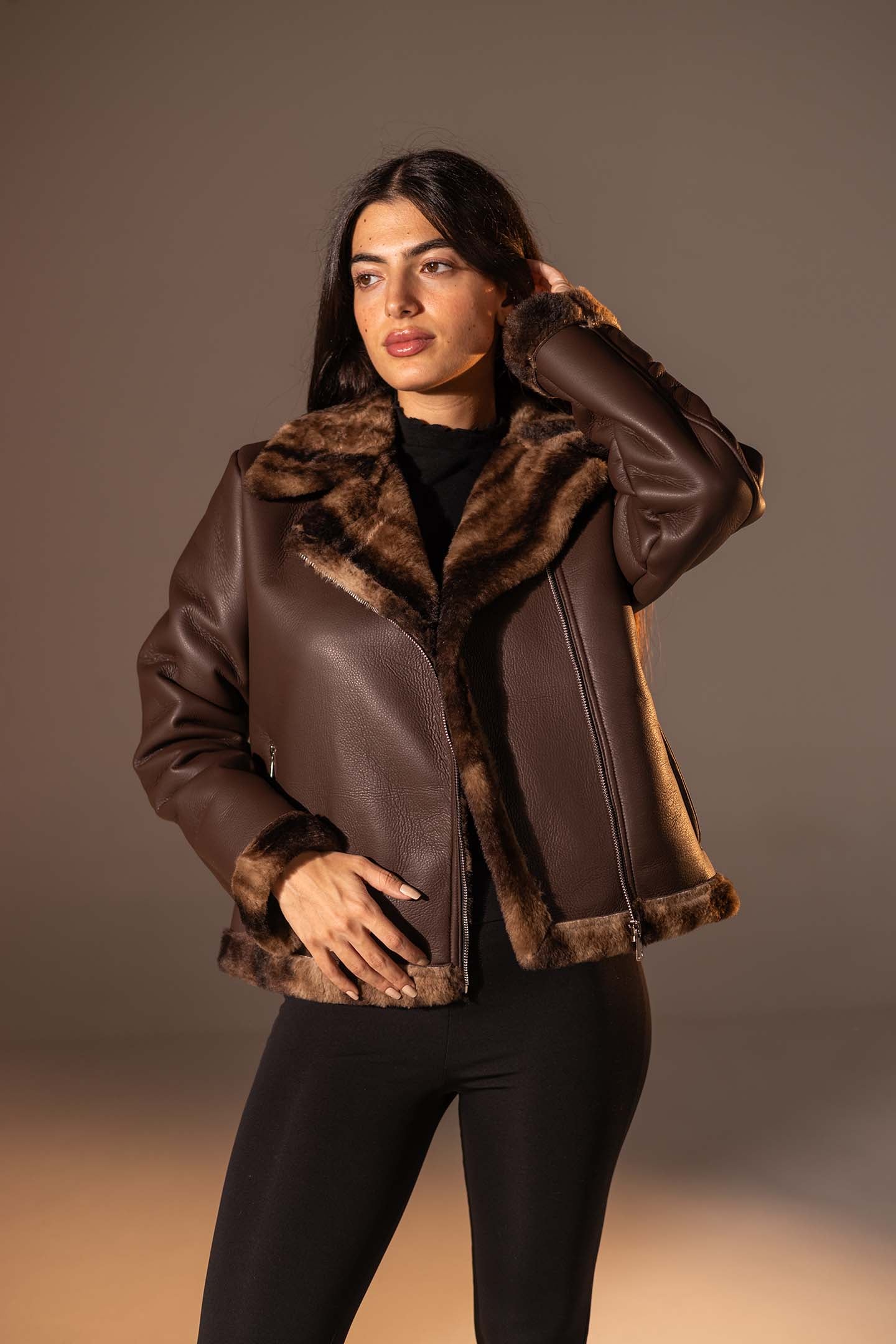 Brown  Shearling-Lined Leather Jacket