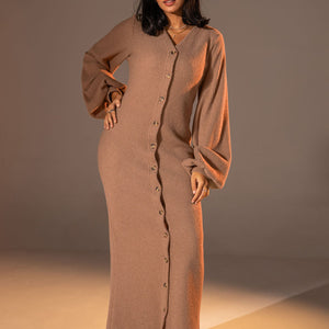 Camel Puffy Sleeves Ribbed Knit Maxi Dress
