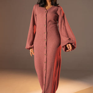 Rose Puffy Sleeves Ribbed Knit Maxi Dress