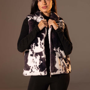 Black Cow Print Faux Fur Vest
