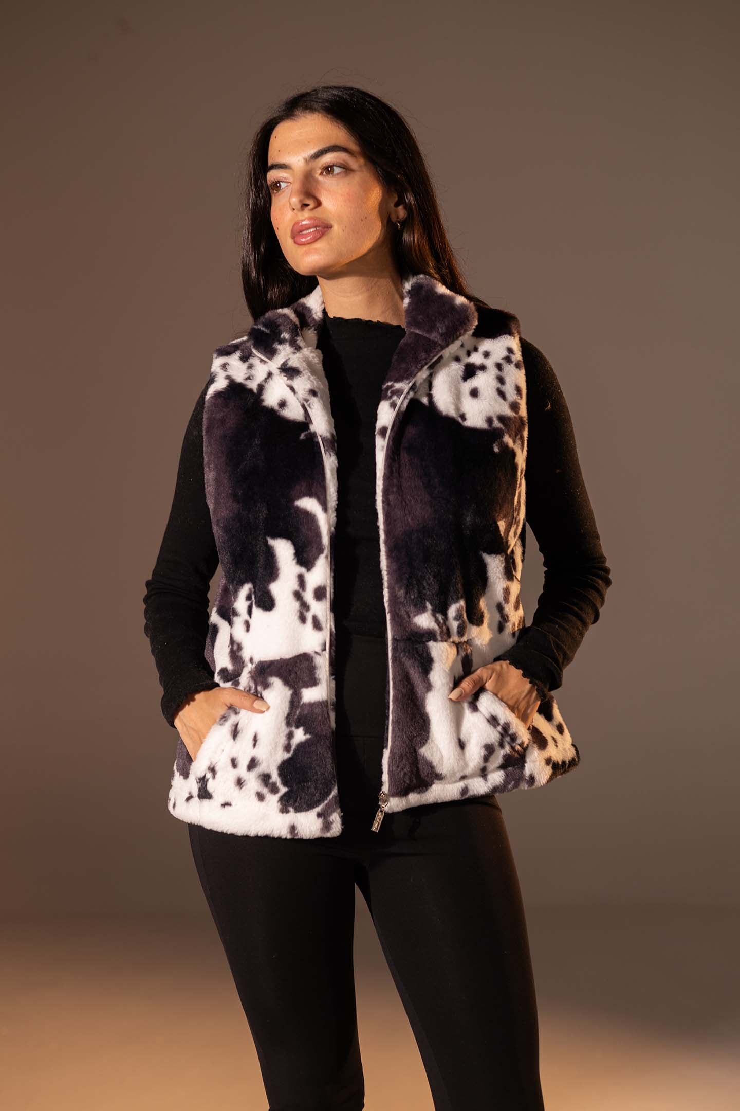 Black Cow Print Faux Fur Vest