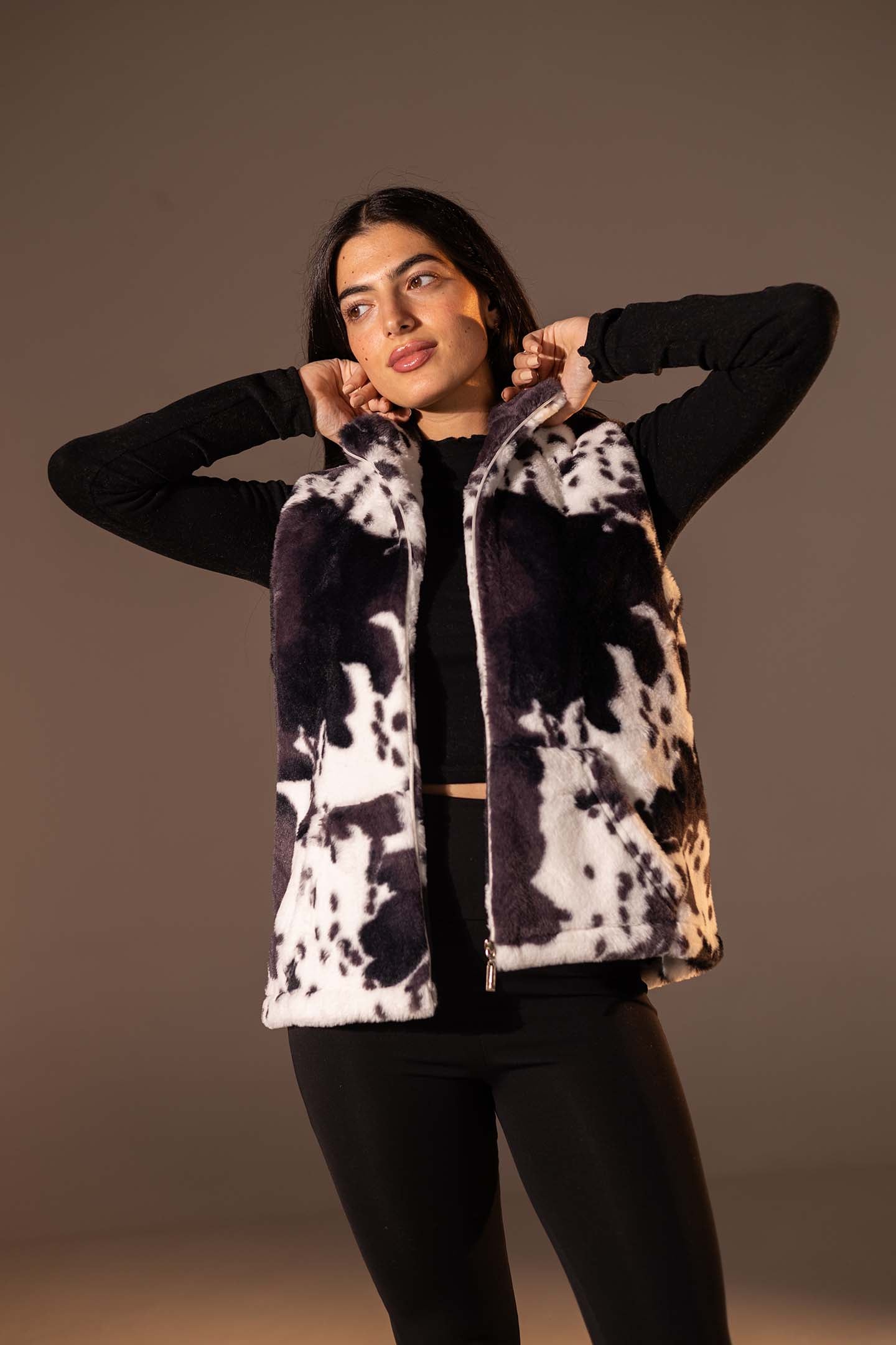 Black Cow Print Faux Fur Vest