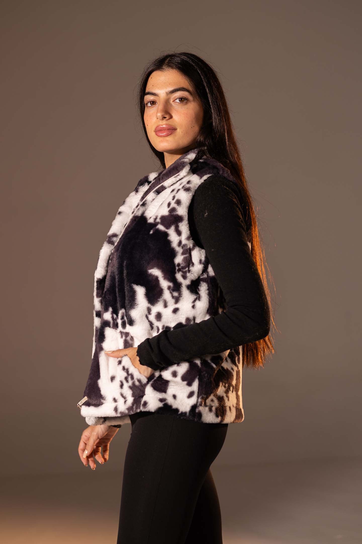 Black Cow Print Faux Fur Vest