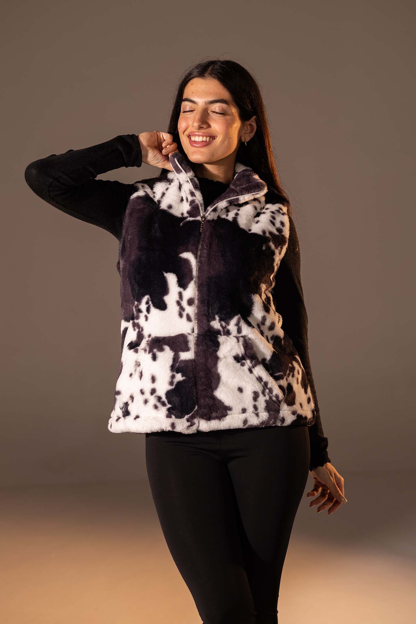 Black Cow Print Faux Fur Vest