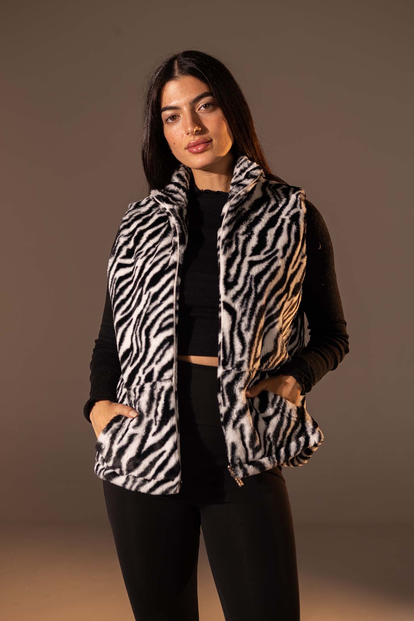 Black Zebra Faux Fur Vest