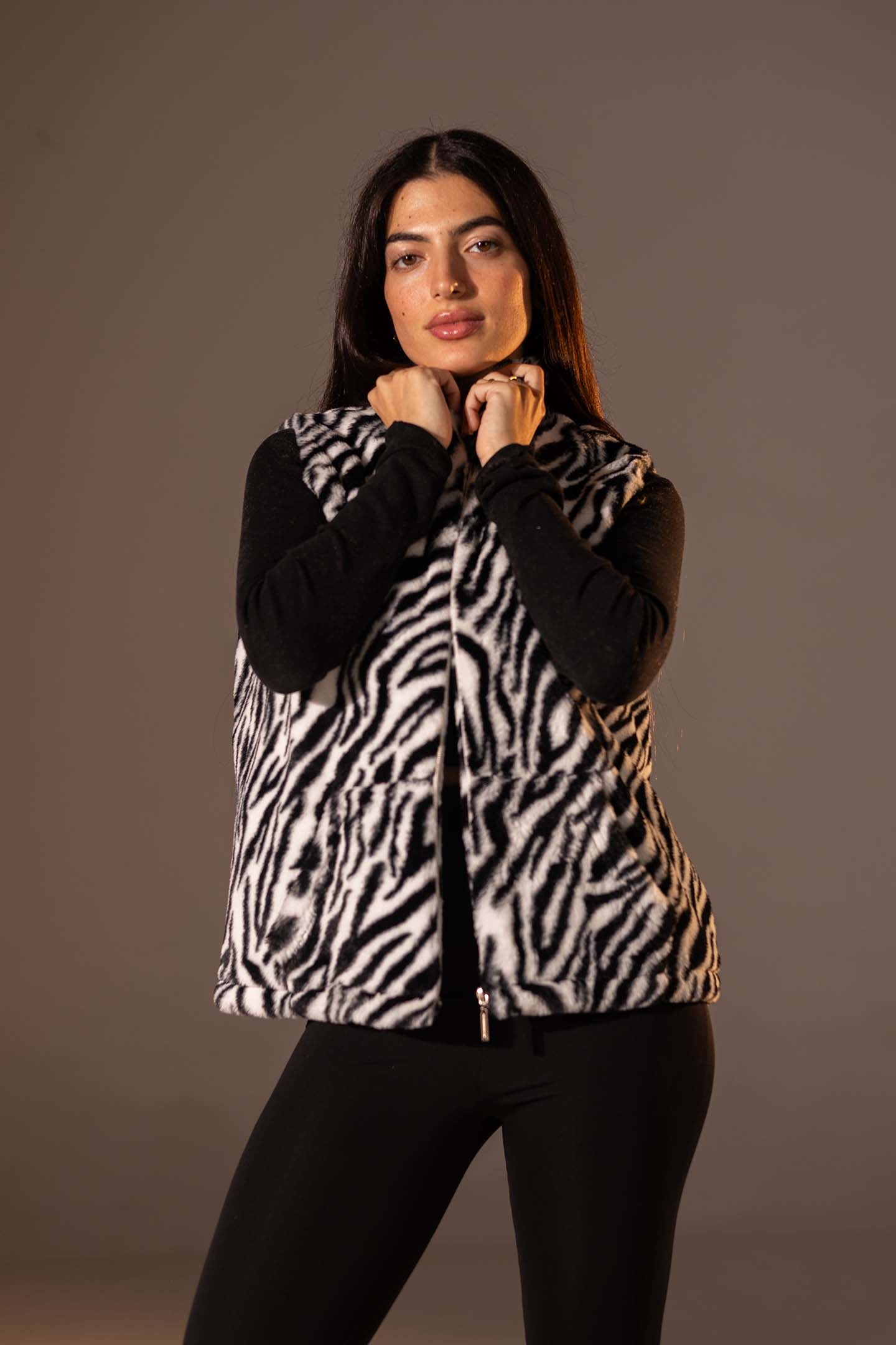 Black Zebra Faux Fur Vest