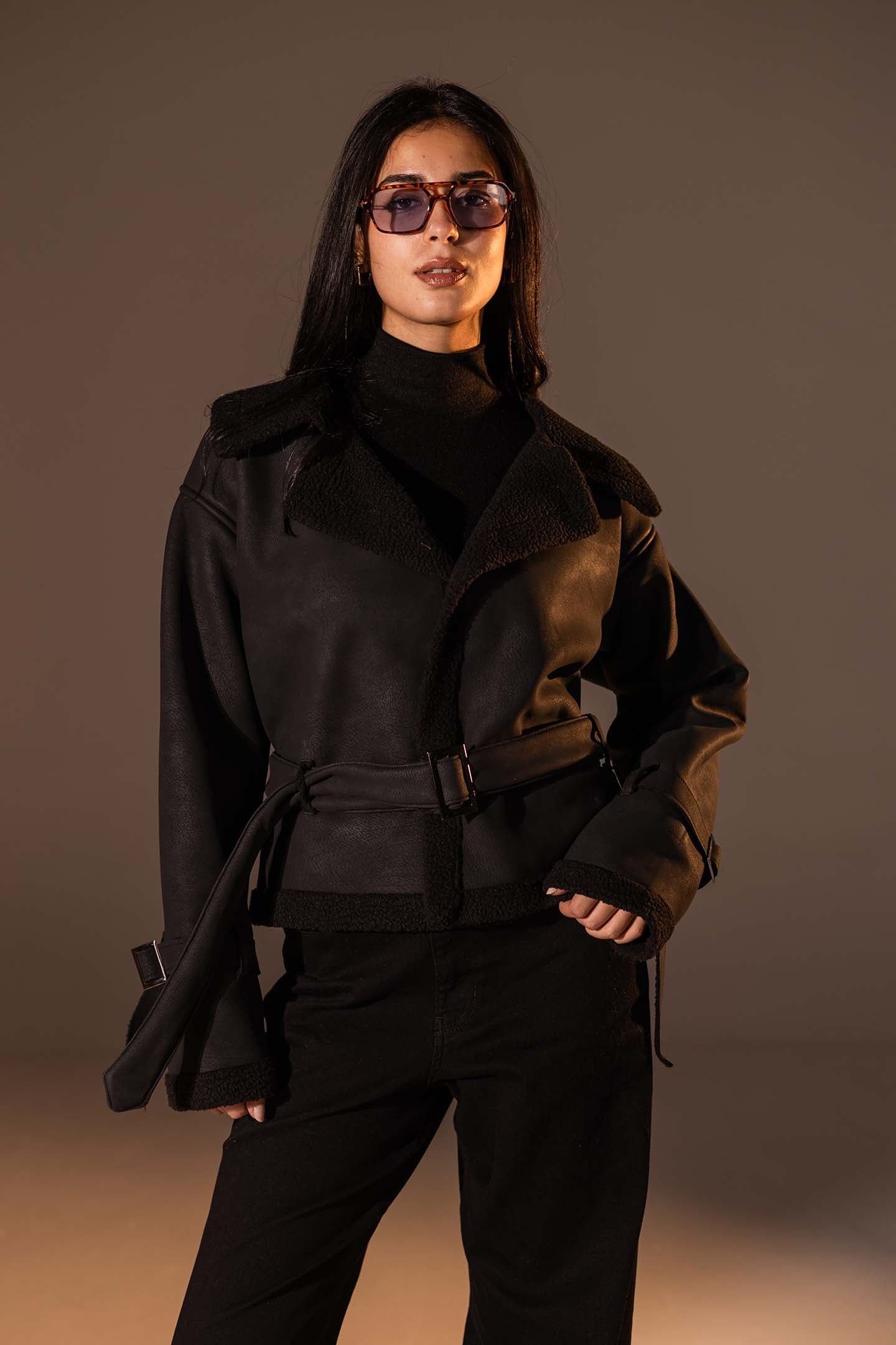 Black Faux Leather Jacket with Belted Waist