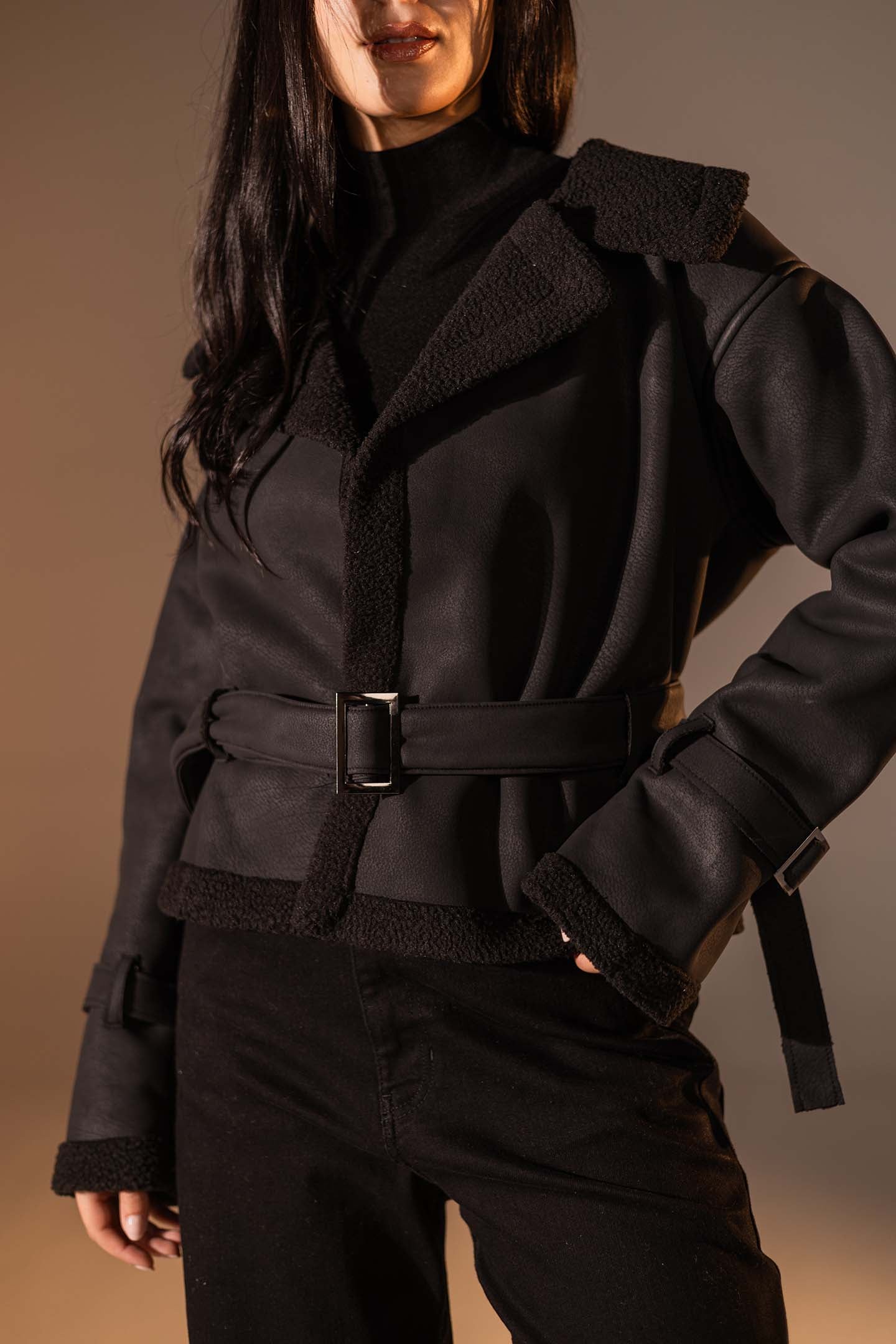 Black Faux Leather Jacket with Belted Waist