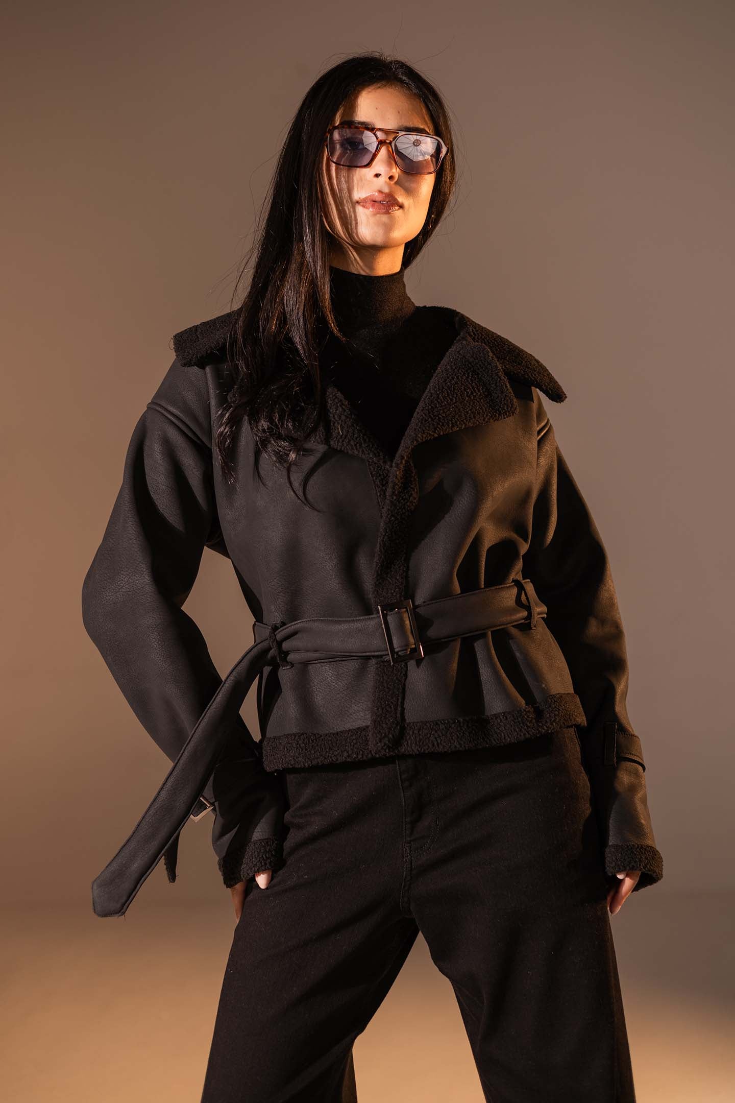 Black Faux Leather Jacket with Belted Waist