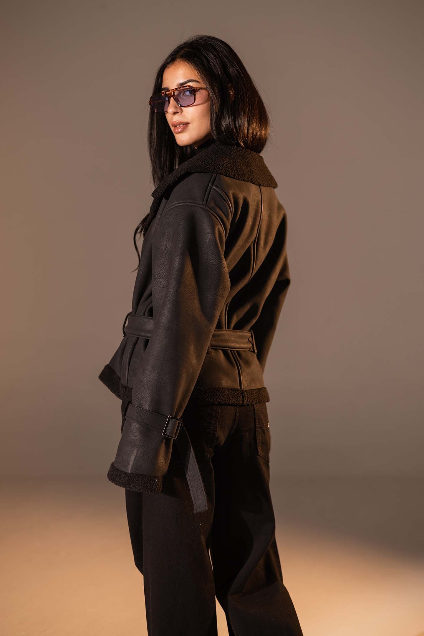 Black Faux Leather Jacket with Belted Waist