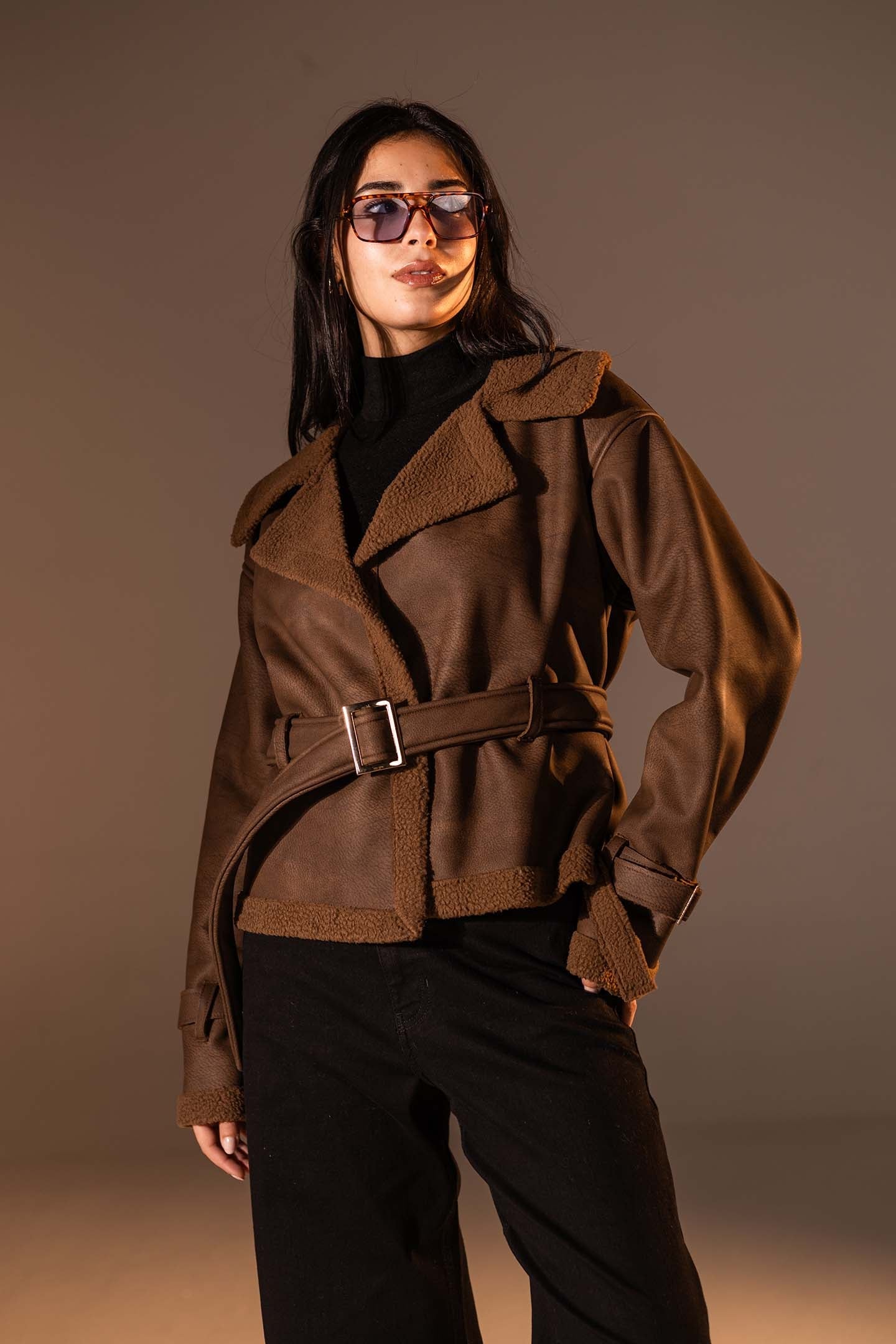 Brown Faux Leather Jacket with Belted Waist
