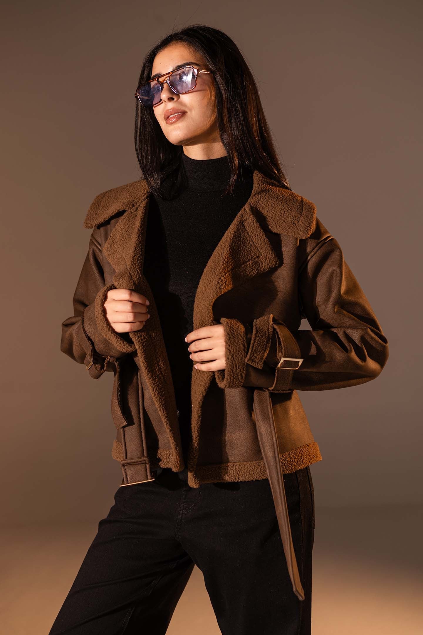 Brown Faux Leather Jacket with Belted Waist
