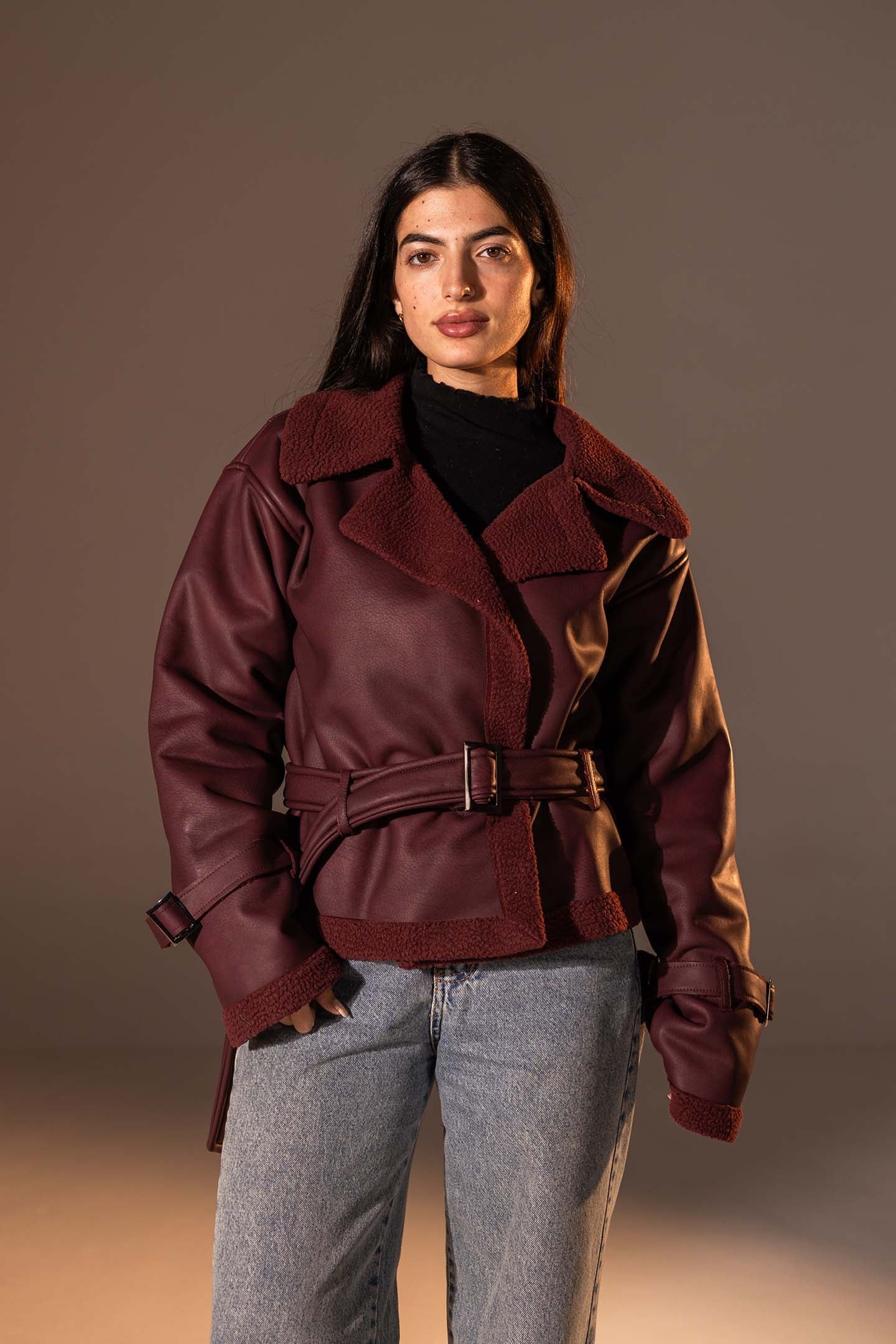 Burgundy Faux Leather Jacket with Belted Waist