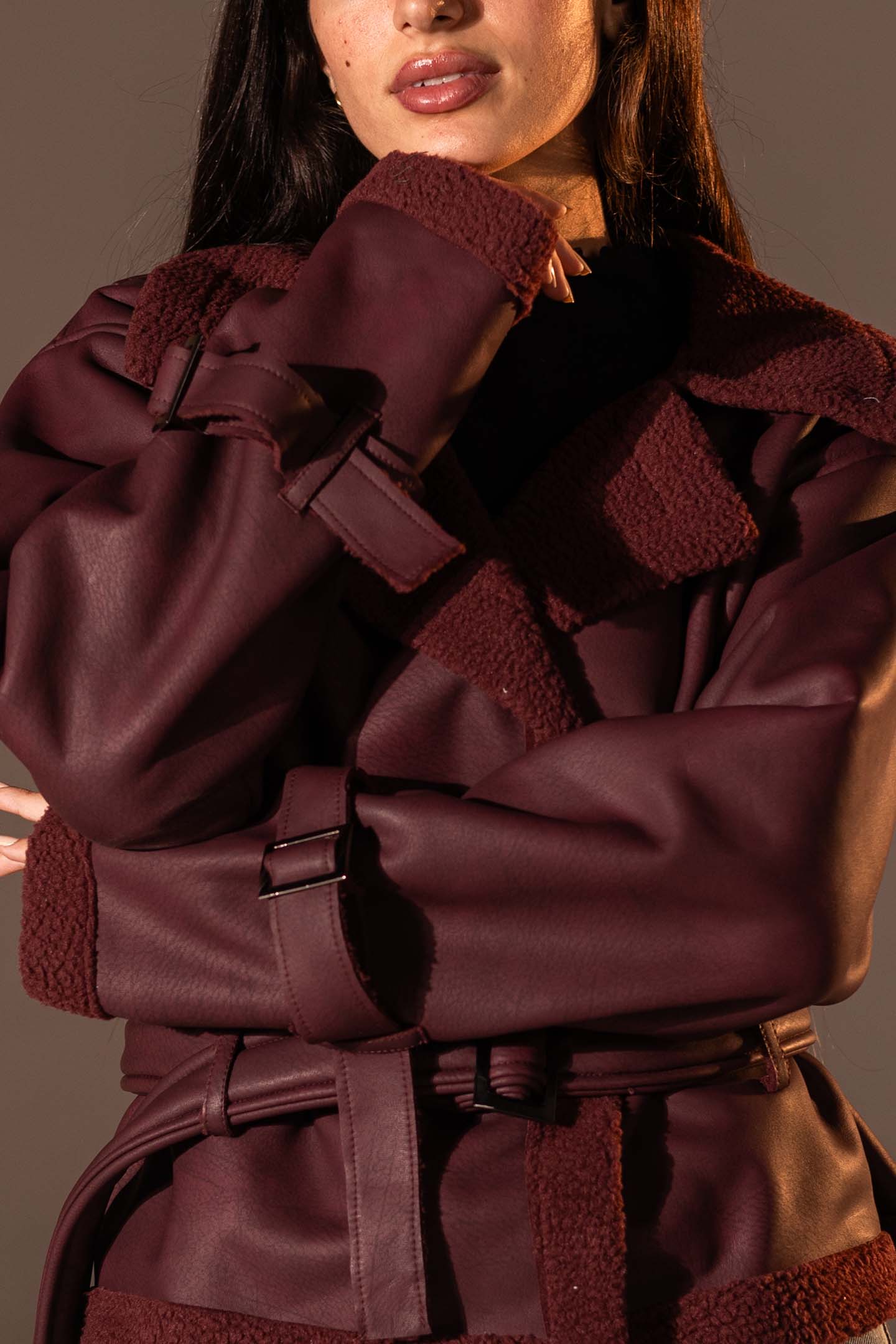 Burgundy Faux Leather Jacket with Belted Waist