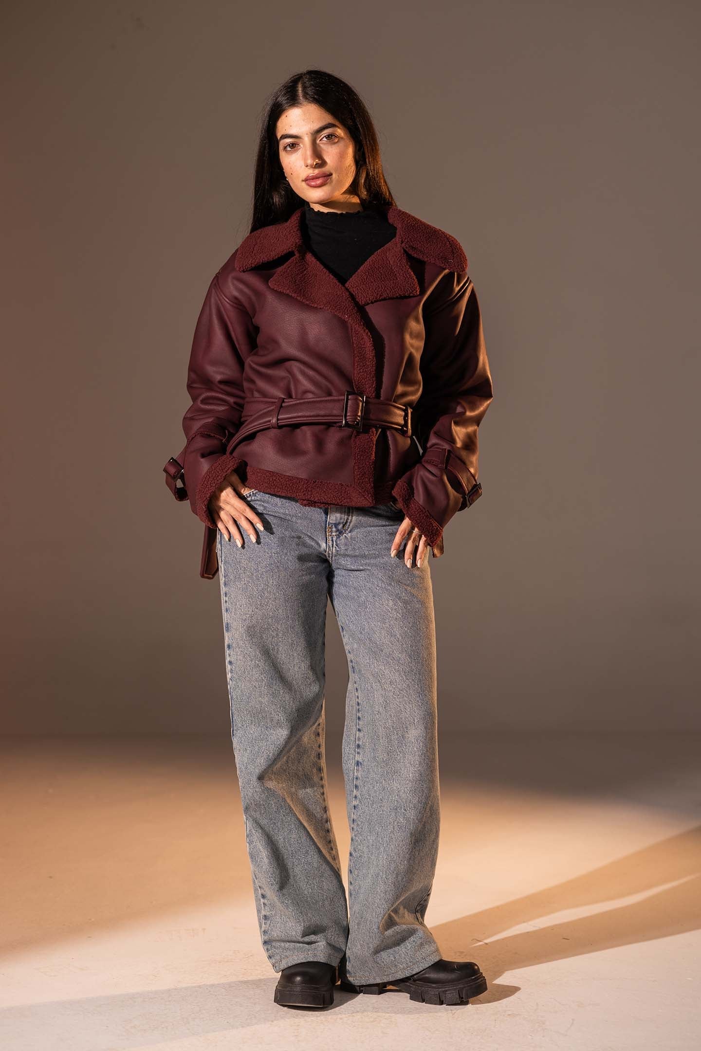 Burgundy Faux Leather Jacket with Belted Waist