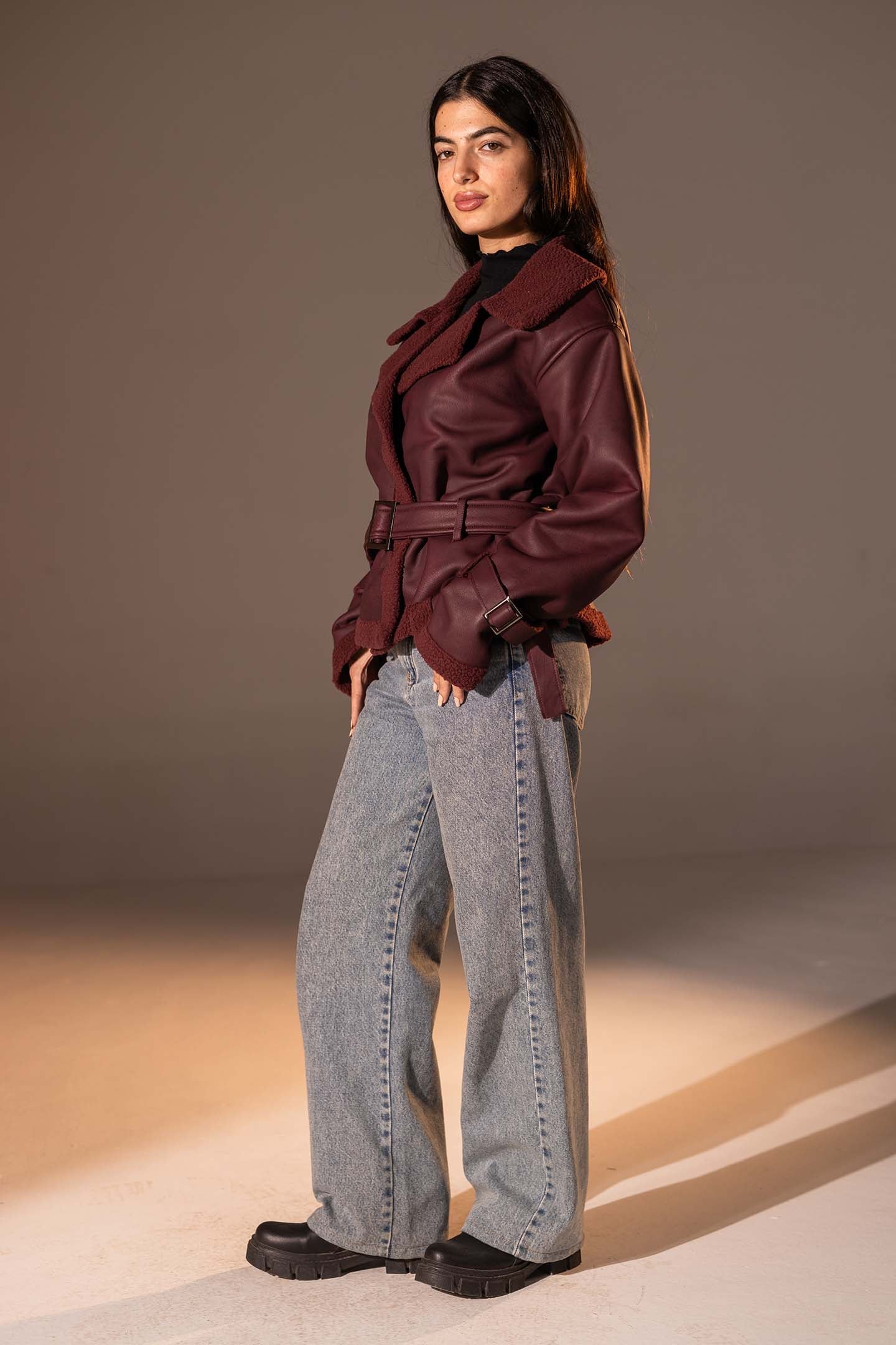 Burgundy Faux Leather Jacket with Belted Waist