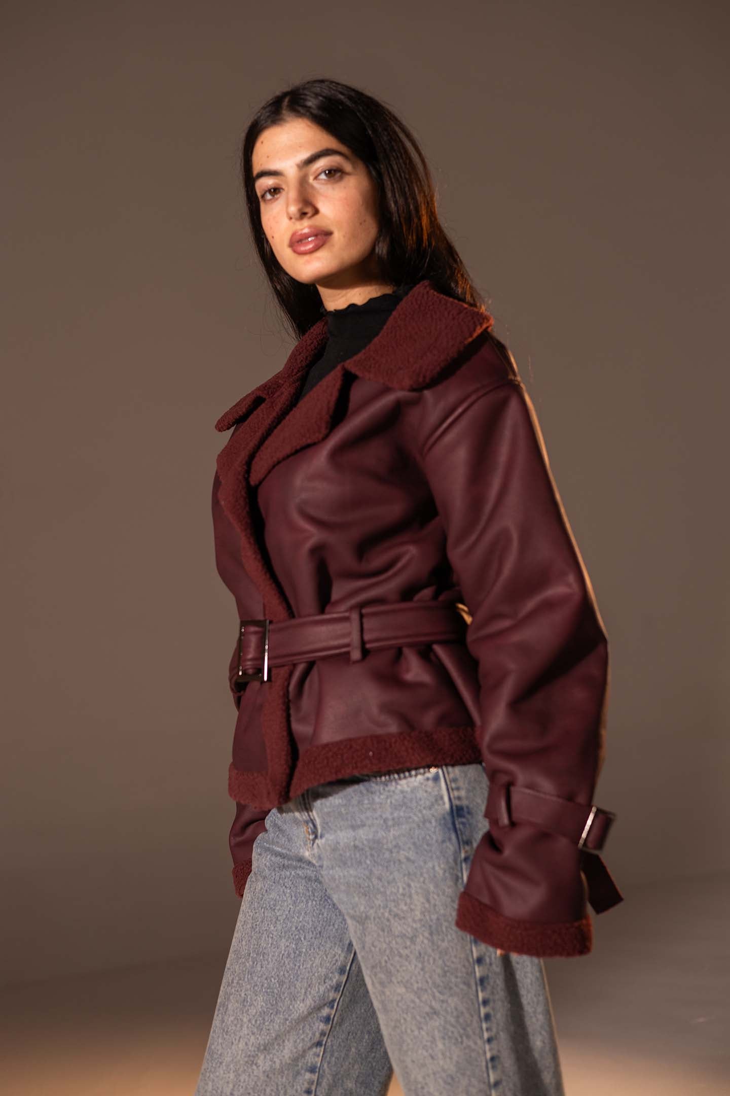 Burgundy Faux Leather Jacket with Belted Waist