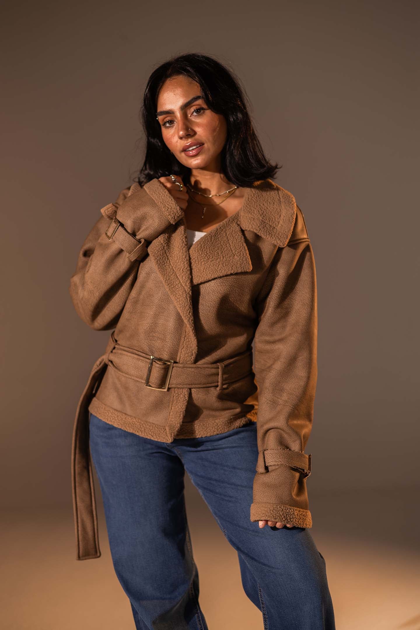 Coffe Faux Leather Jacket with Belted Waist