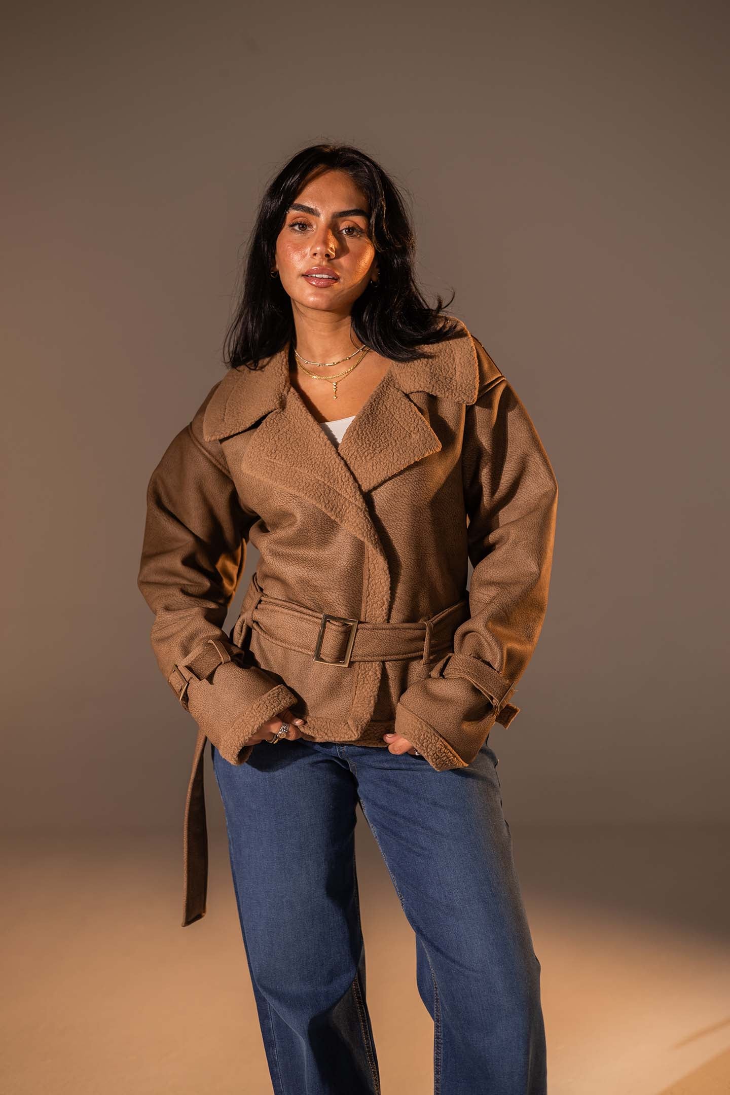 Coffe Faux Leather Jacket with Belted Waist