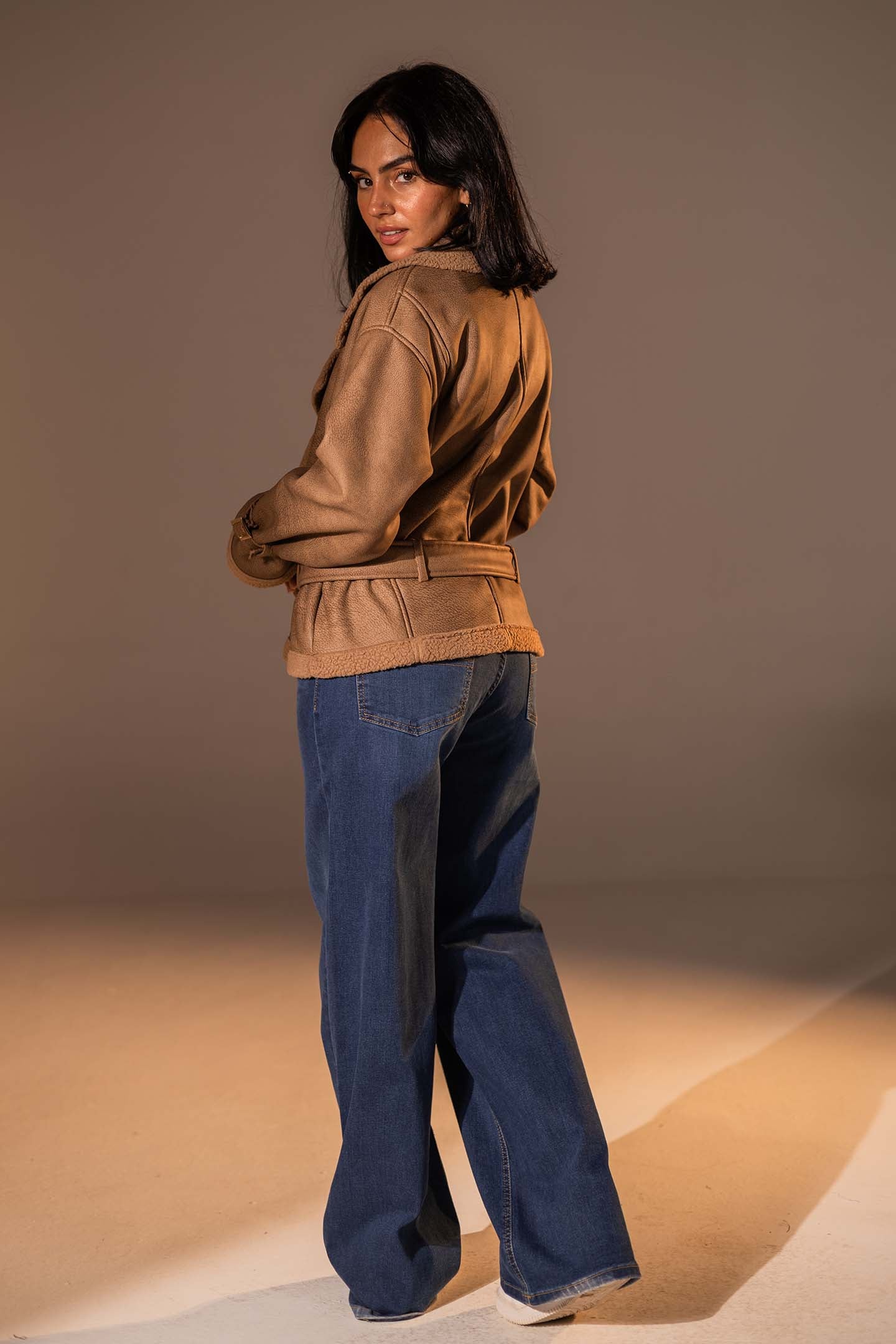 Coffe Faux Leather Jacket with Belted Waist